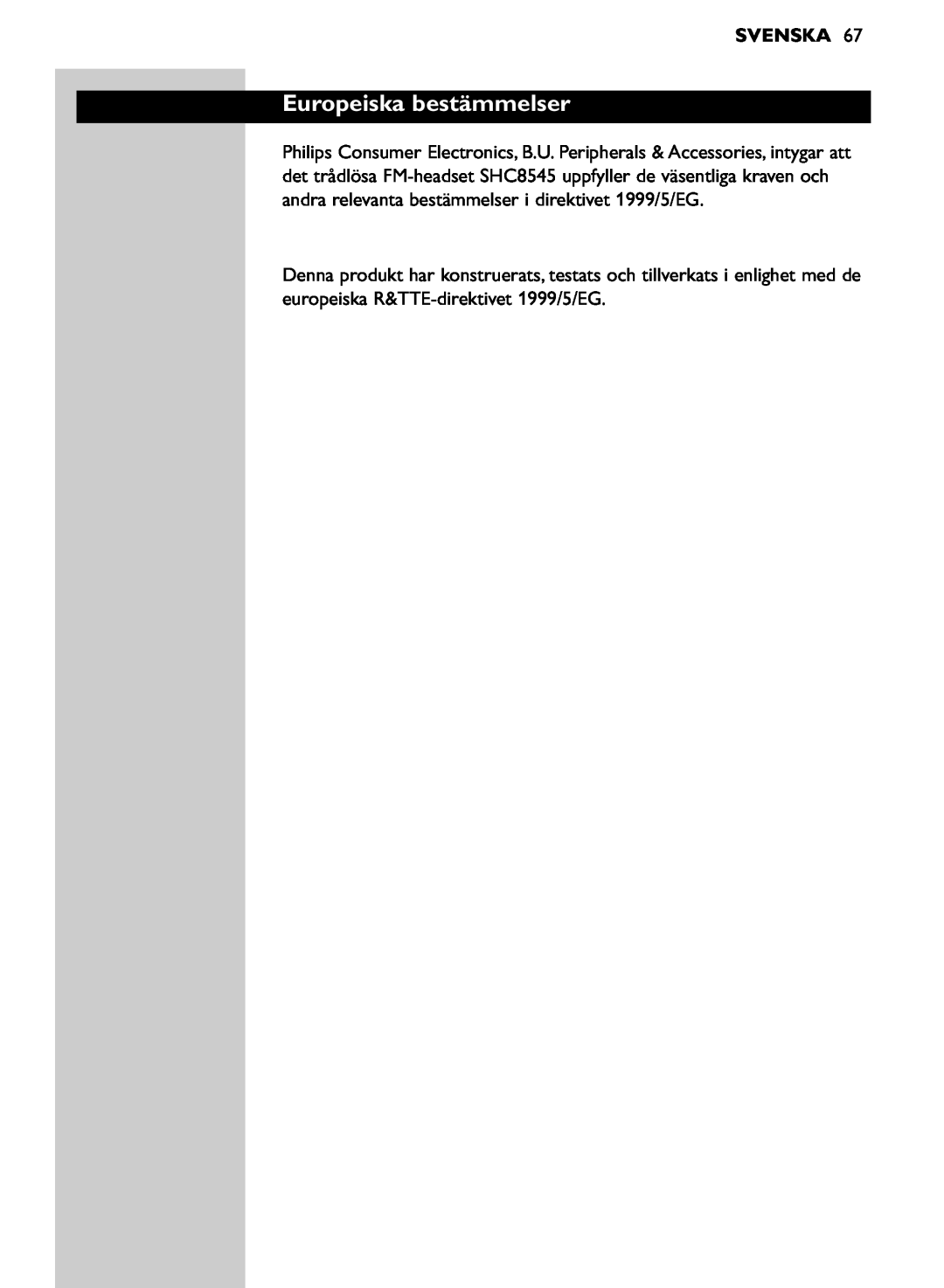 Philips SHC8545/00 manual Europeiska bestämmelser, Svenska 