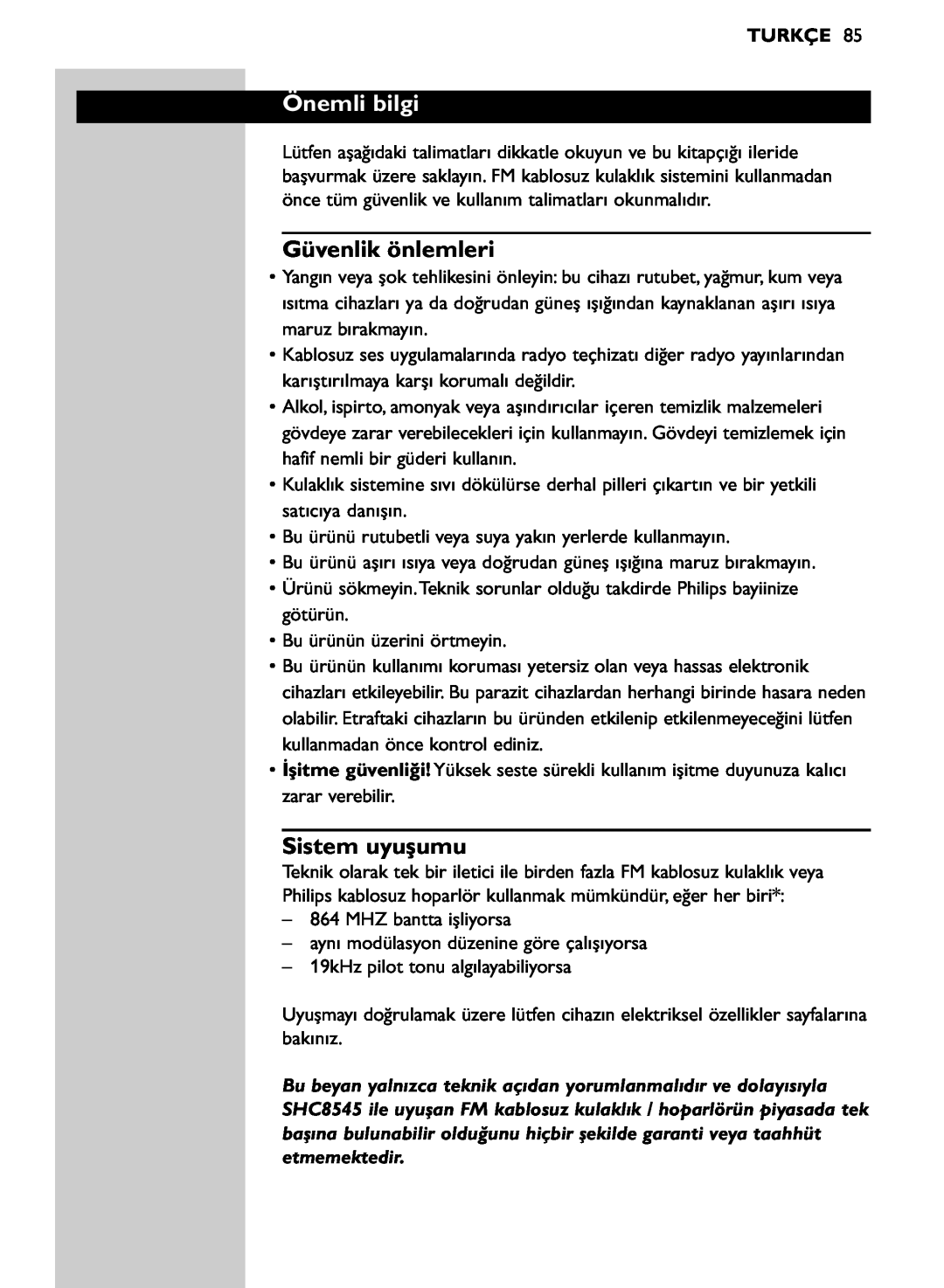Philips SHC8545/00 manual Önemli bilgi, Güvenlik önlemleri, Sistem uyuşumu, Turkçe 