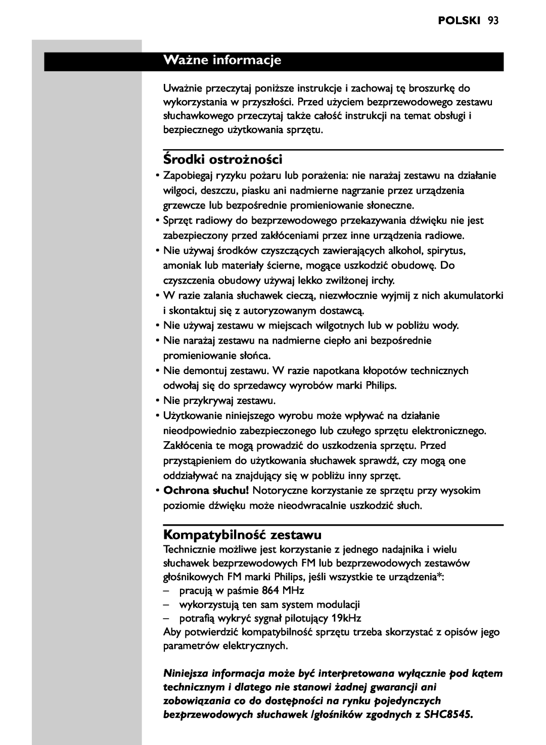 Philips SHC8545/00 manual Ważne informacje, Środki ostrożności, Kompatybilność zestawu, Polski 