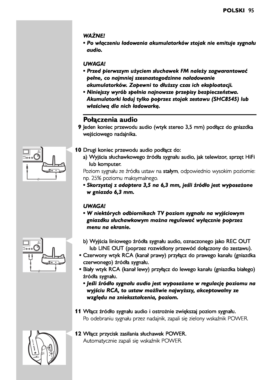Philips SHC8545/00 manual Połączenia audio, Polski, Ważne, Uwaga 