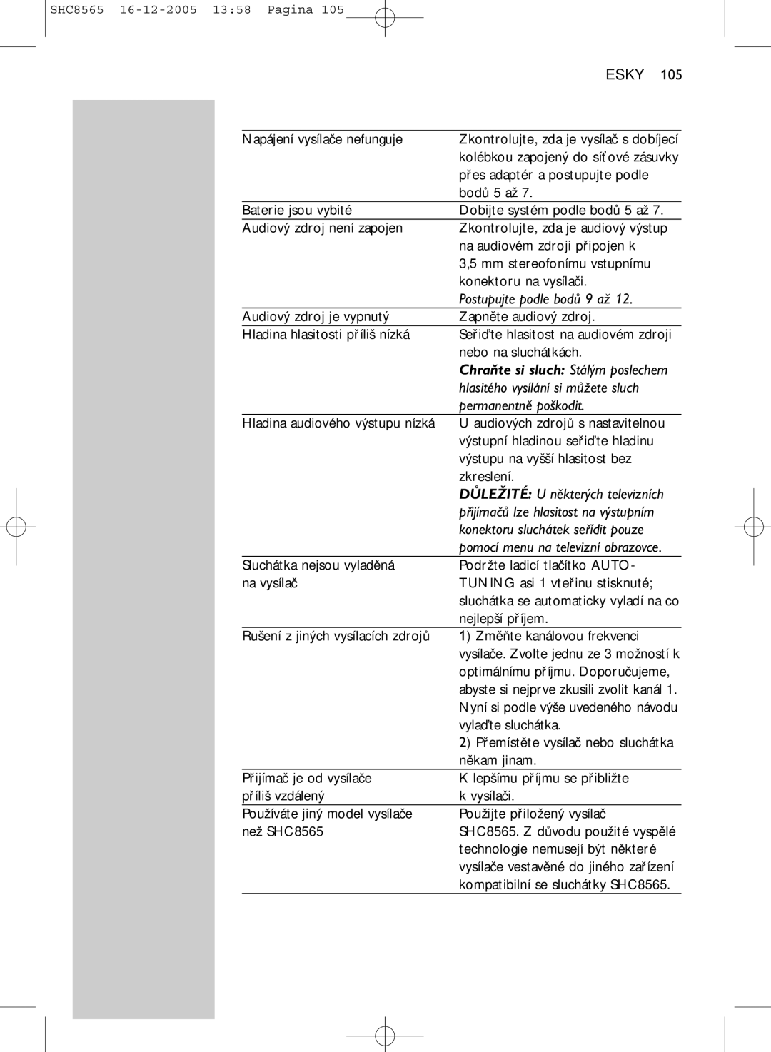 Philips SHC8565 manual Česky, Postupujte podle bodů 9 až, Hlasitého vysílání si můžete sluch, Permanentně poškodit 