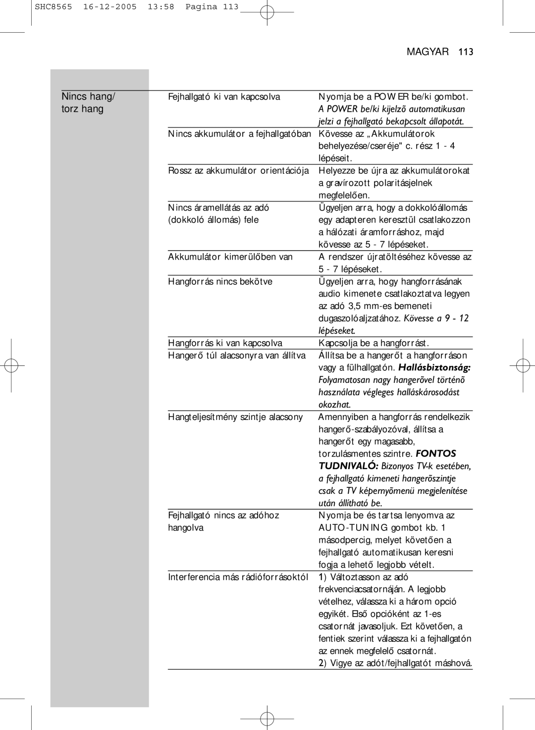 Philips SHC8565 manual Nincs hang, Torz hang, Lépéseket, Okozhat, Után állítható be 