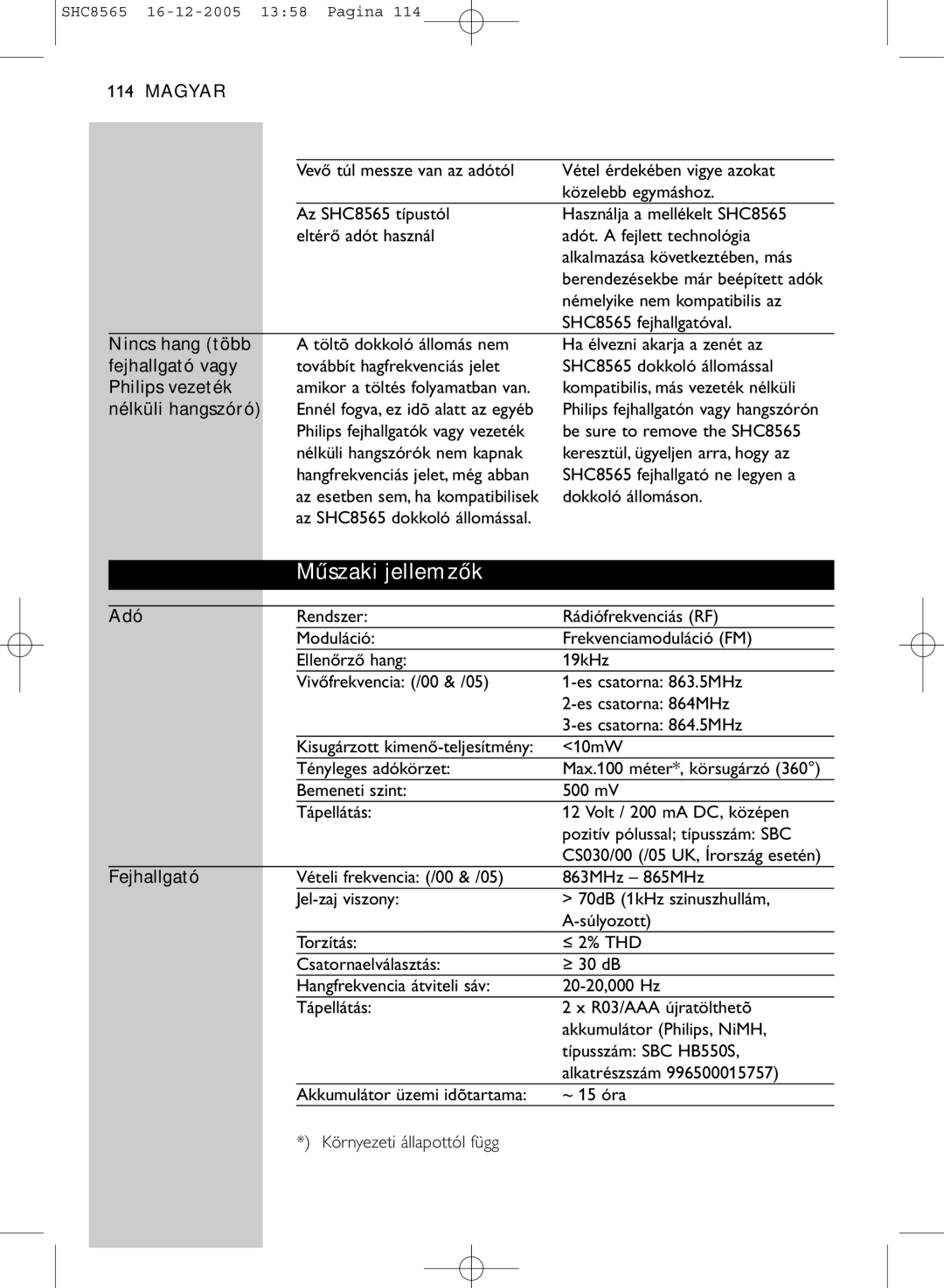 Philips SHC8565 manual Műszaki jellemzők 