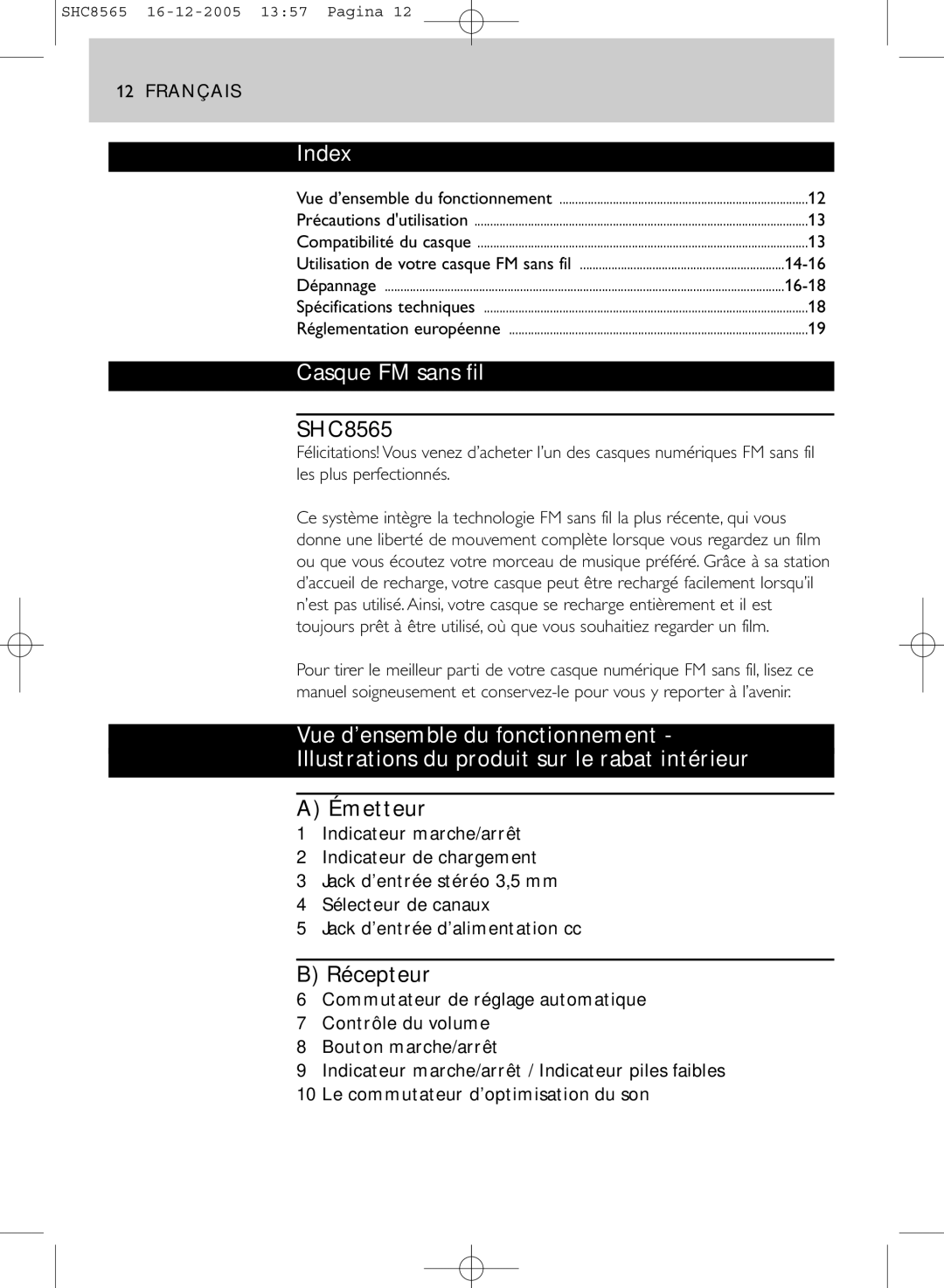 Philips SHC8565 manual Casque FM sans fil, Émetteur, Récepteur 