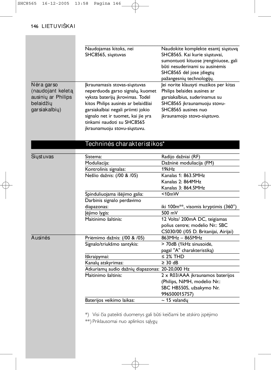 Philips SHC8565 manual Techninės charakteristikos 