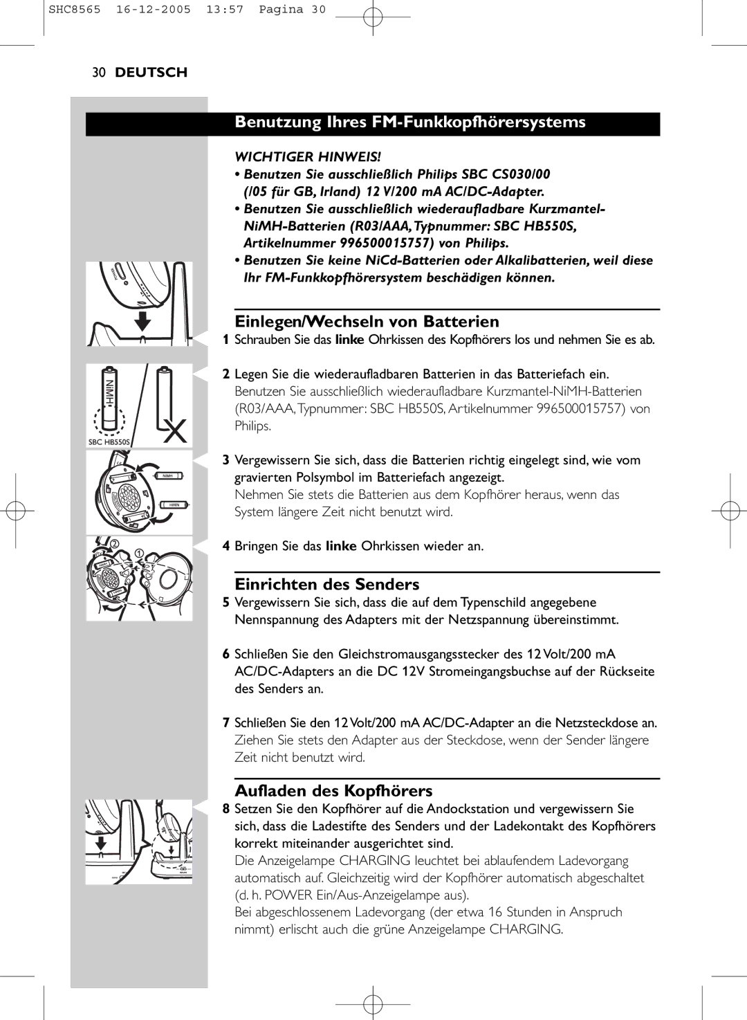 Philips SHC8565 manual Benutzung Ihres FM-Funkkopfhörersystems, Einlegen/Wechseln von Batterien, Einrichten des Senders 