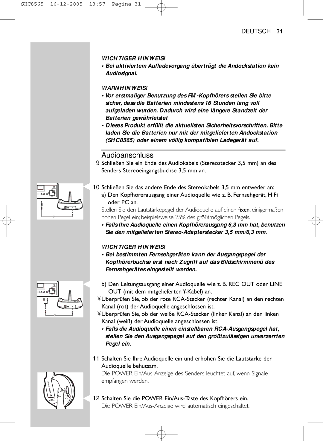 Philips SHC8565 manual Audioanschluss, Warnhinweis, Oder PC an 