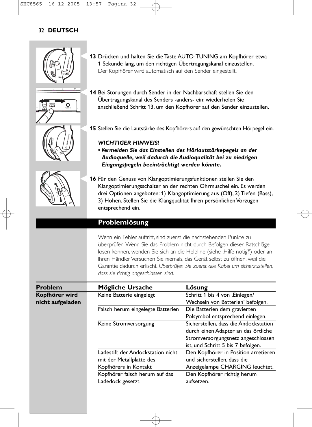 Philips SHC8565 manual Problemlösung, Problem Mögliche Ursache Lösung, Kopfhörer wird, Nicht aufgeladen 