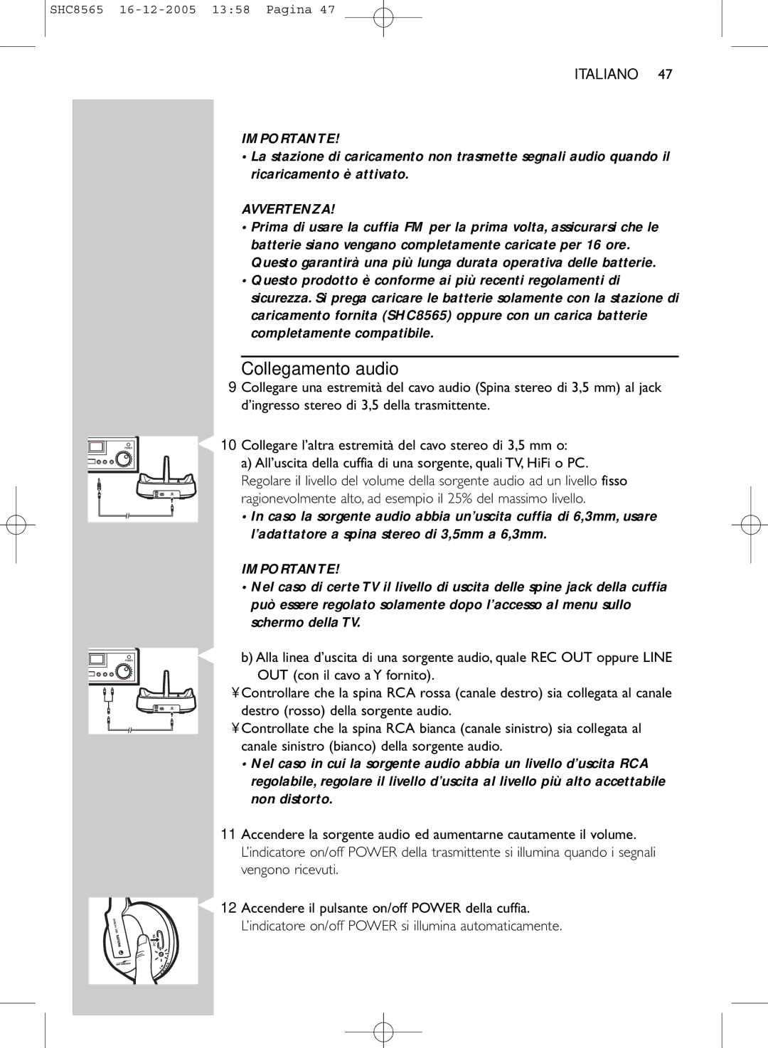 Philips SHC8565 manual Collegamento audio, Avvertenza 