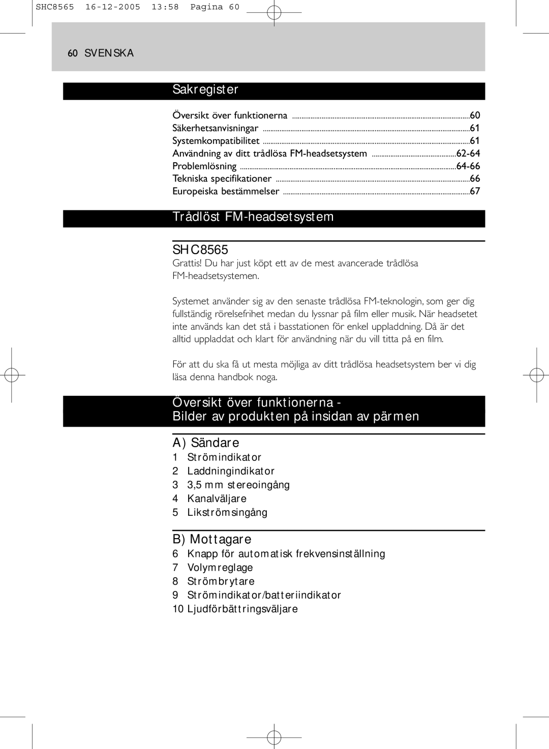 Philips SHC8565 manual Sakregister, Trådlöst FM-headsetsystem, Sändare, Mottagare 