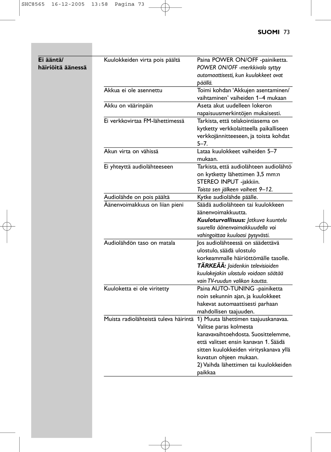 Philips SHC8565 manual Ei ääntä, Häiriöitä äänessä 