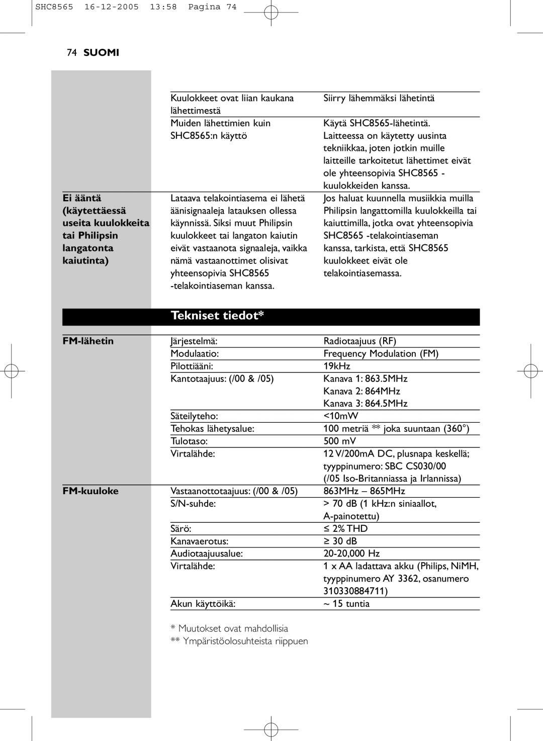 Philips SHC8565 manual Tekniset tiedot 