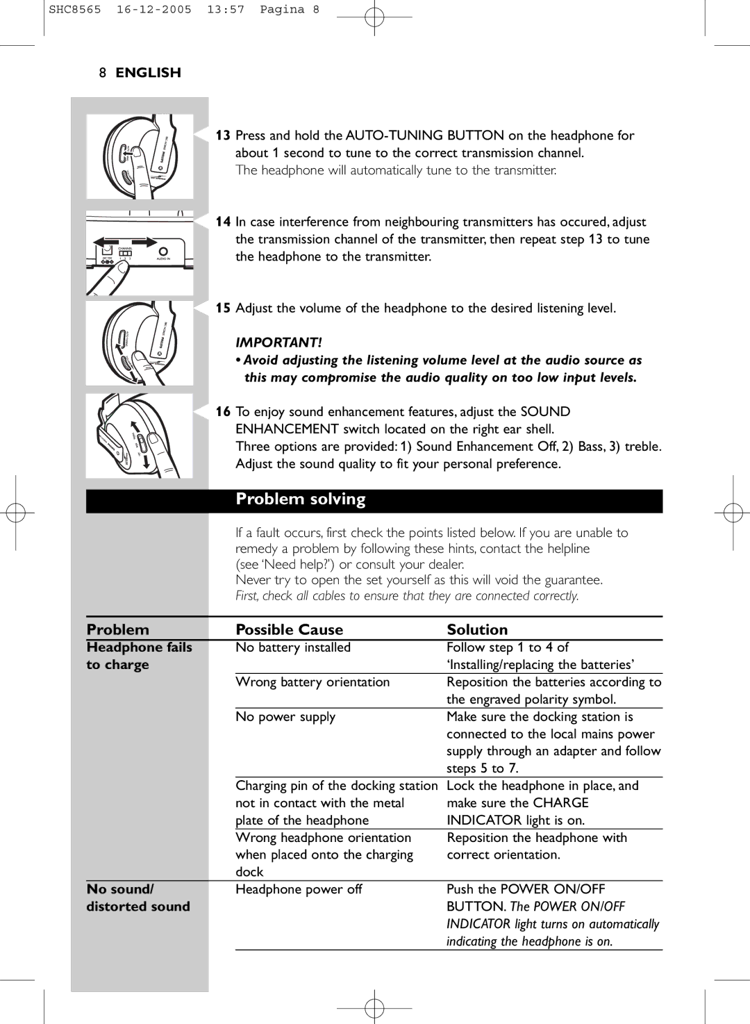 Philips SHC8565 manual Problem solving, Problem Possible Cause Solution 