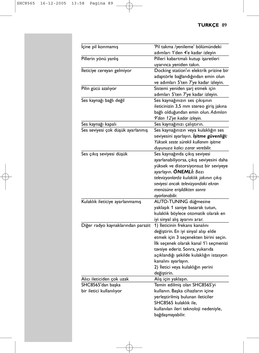 Philips SHC8565 manual 9dan 12ye kadar izleyin, Duyunuza kalıcı zarar verebilir, Menüsüne erişildikten sonra, Ayarlanabilir 