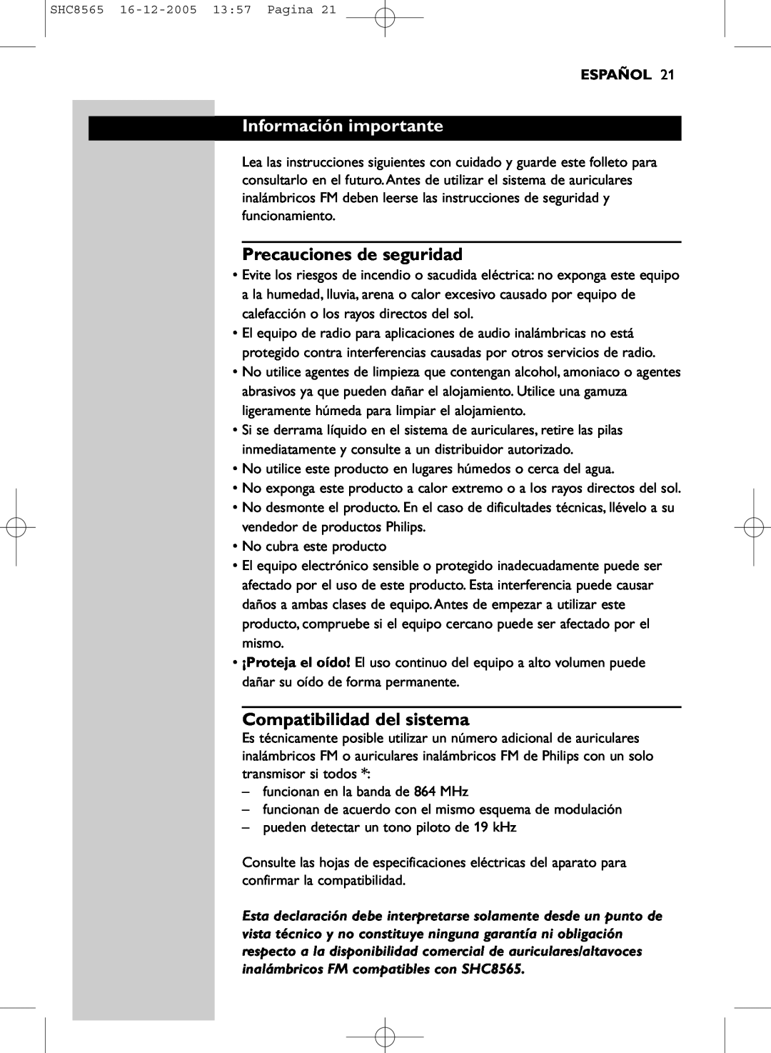 Philips SHC8565 manual Información importante, Precauciones de seguridad, Compatibilidad del sistema, Español 