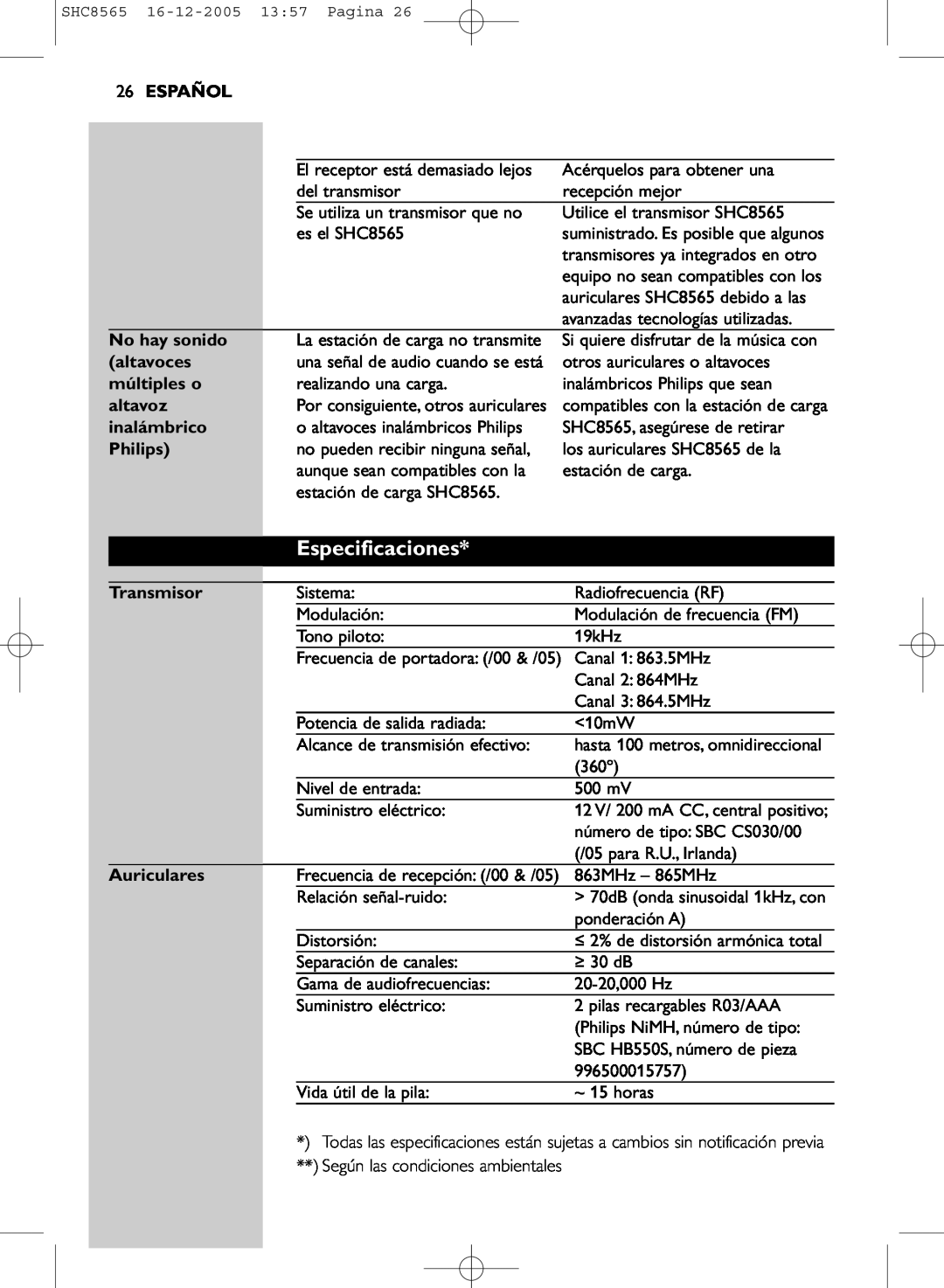 Philips SHC8565 manual Especificaciones, 26ESPAÑOL, No hay sonido, altavoces, múltiples o, altavoz, inalámbrico, Philips 