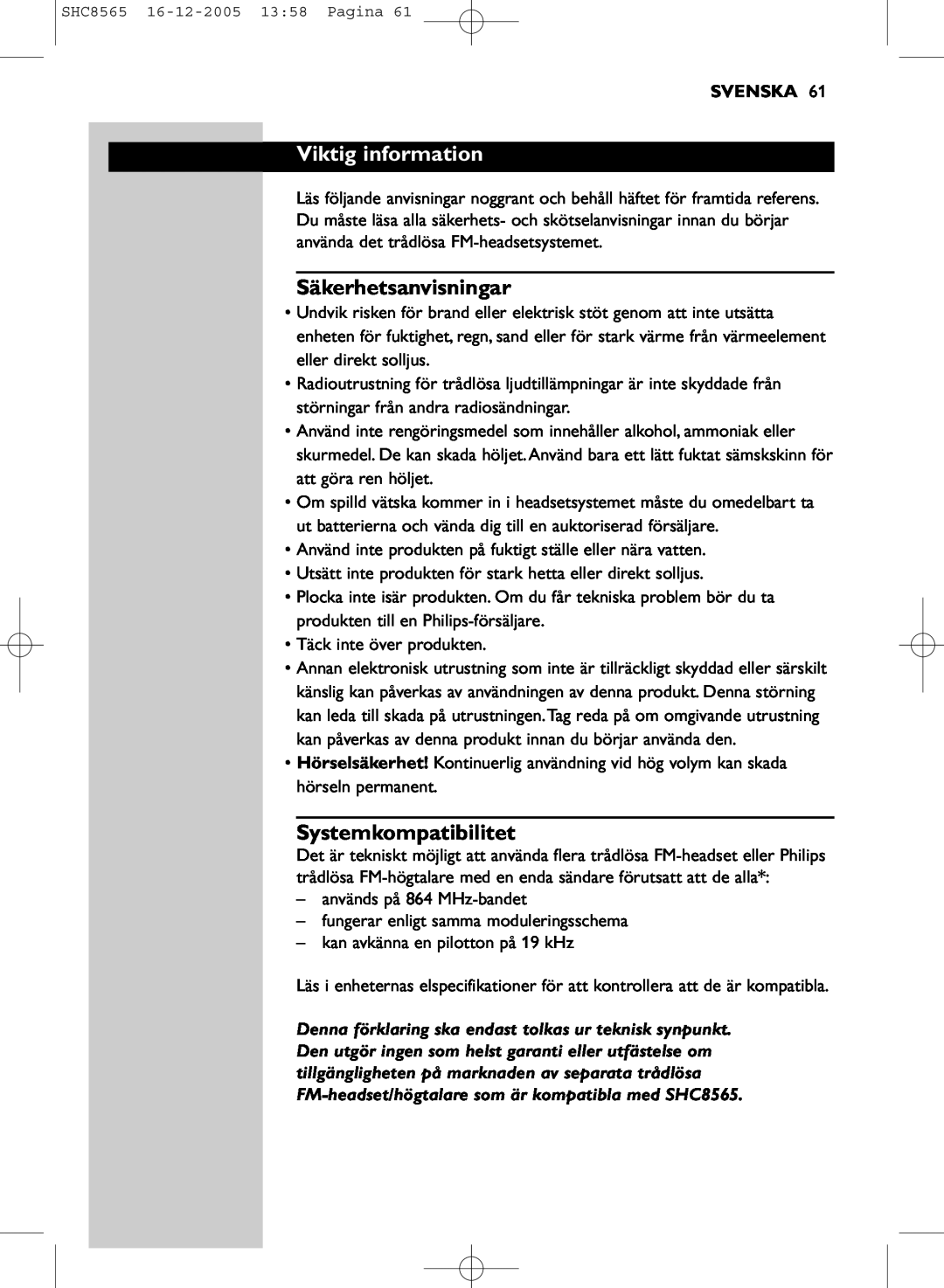 Philips SHC8565 manual Viktig information, Säkerhetsanvisningar, Systemkompatibilitet, Svenska 