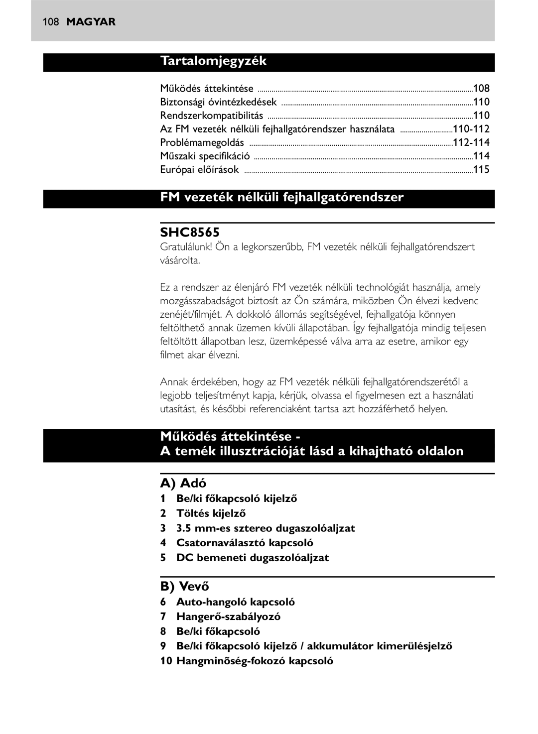 Philips SHC8565/00 manual Tartalomjegyzék, FM vezeték nélküli fejhallgatórendszer, Adó, Vevő 