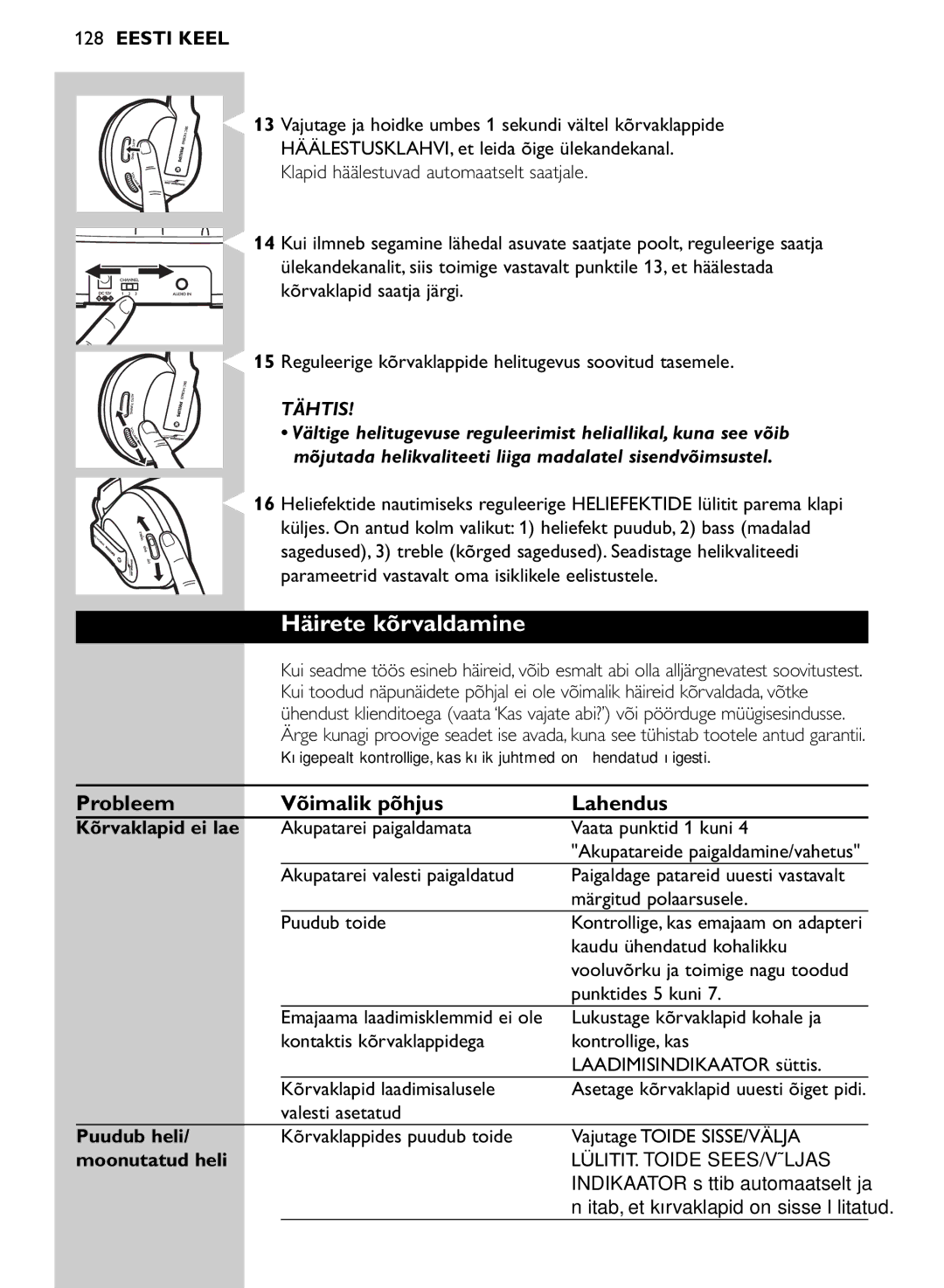 Philips SHC8565/00 manual Häirete kõrvaldamine, Probleem Võimalik põhjus Lahendus, Kõrvaklapid ei lae, Puudub heli 