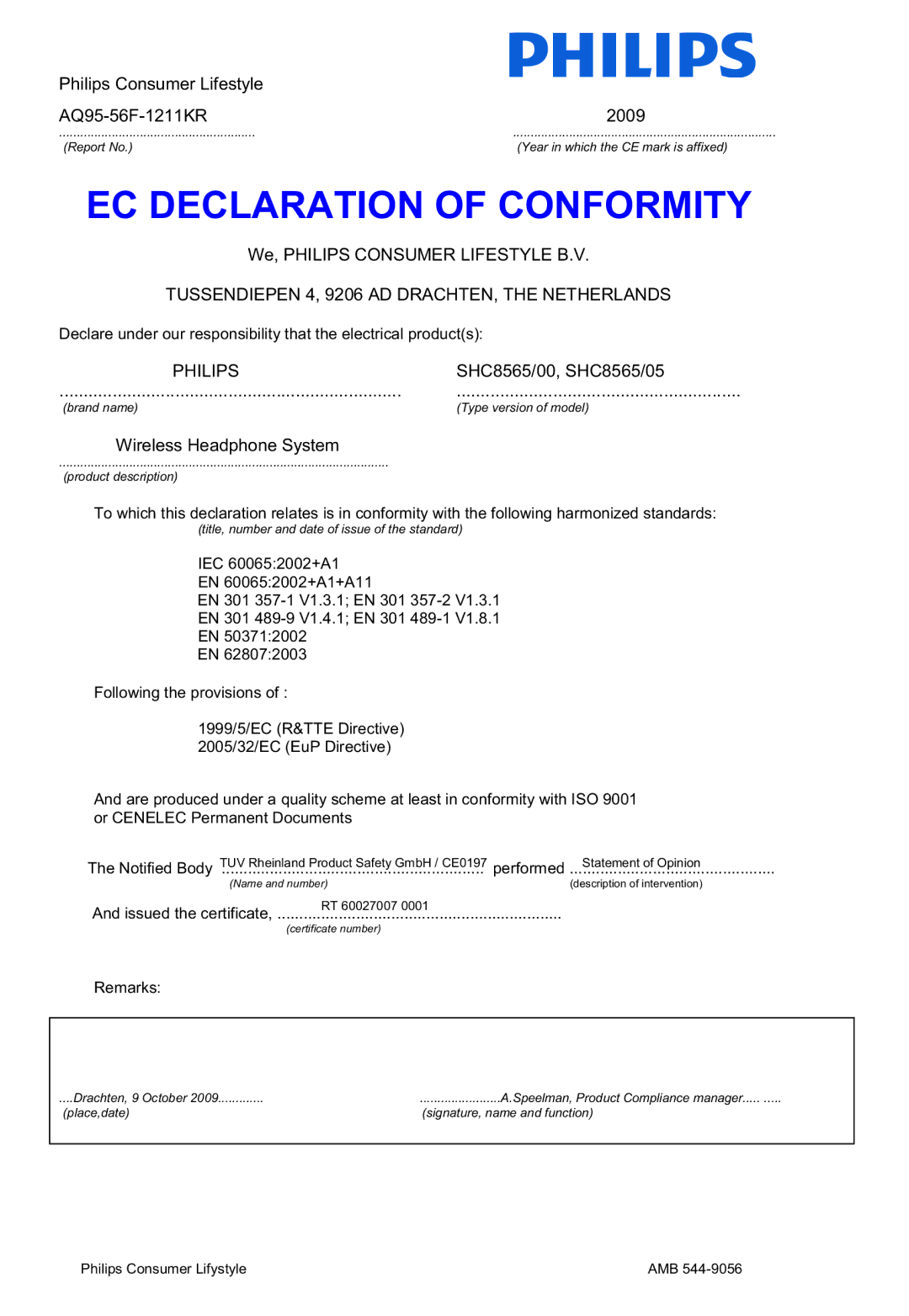 Philips SHC8565/00 manual EC Declaration of Conformity 