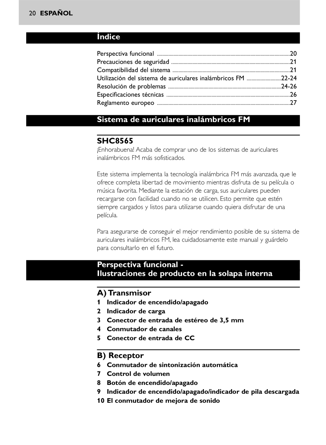 Philips SHC8565/00 manual Índice, Sistema de auriculares inalámbricos FM, Transmisor, Receptor 