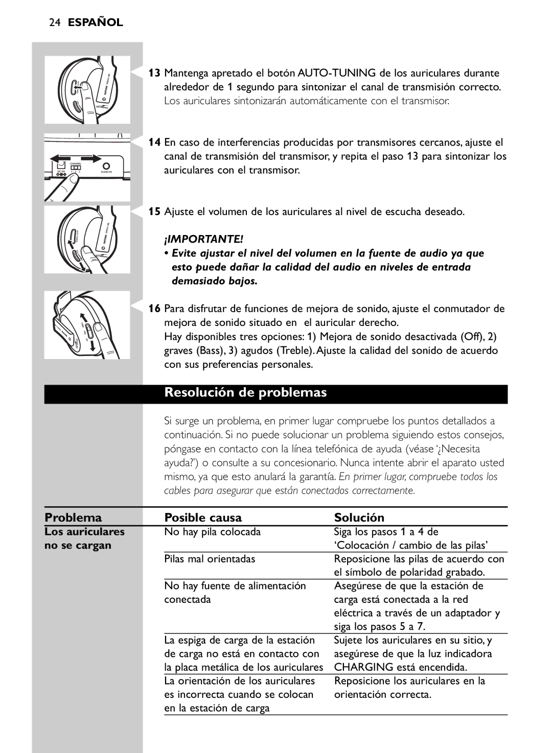 Philips SHC8565/00 manual Resolución de problemas, Problema Posible causa Solución, Los auriculares, No se cargan 