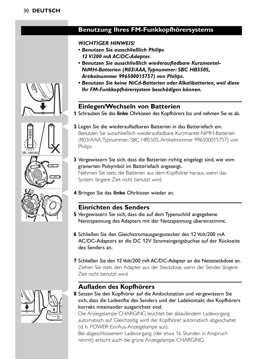 Philips SHC8565/00 manual Benutzung Ihres FM-Funkkopfhörersystems, Einlegen/Wechseln von Batterien, Einrichten des Senders 