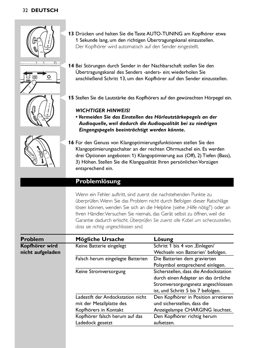 Philips SHC8565/00 manual Problemlösung, Problem Mögliche Ursache Lösung, Kopfhörer wird, Nicht aufgeladen 