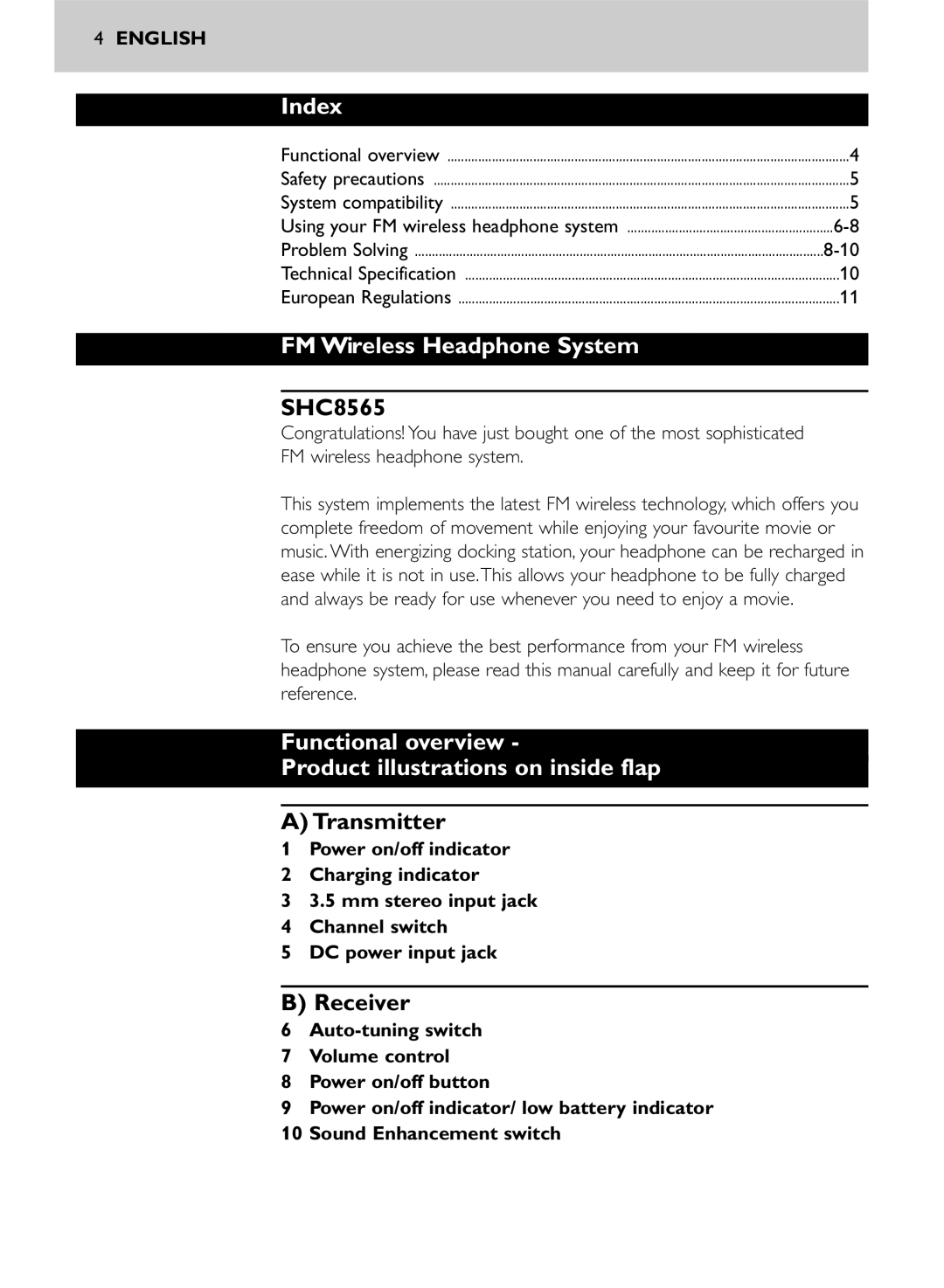 Philips SHC8565/00 manual Index, FM Wireless Headphone System, Functional overview Product illustrations on inside flap 