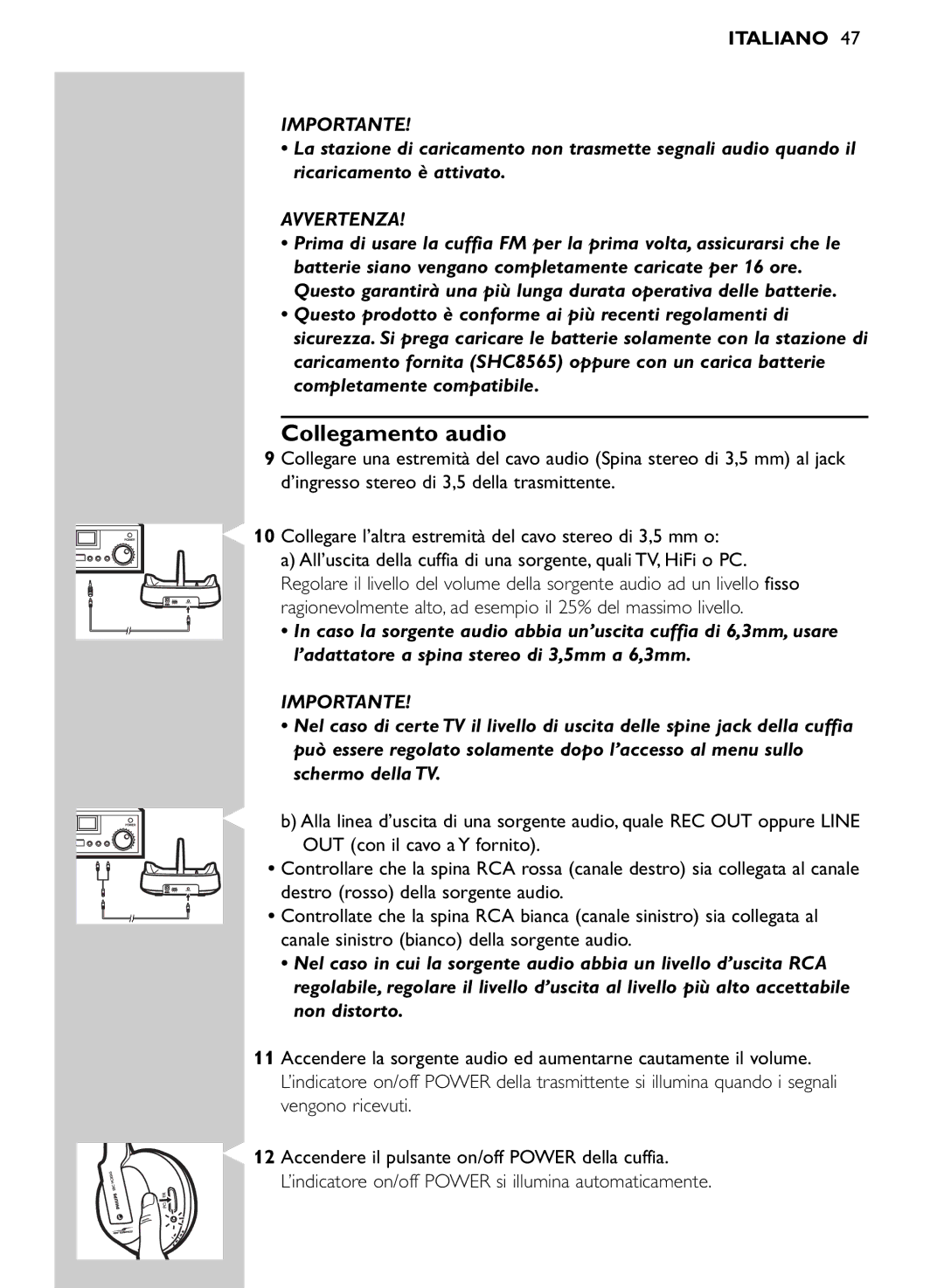 Philips SHC8565/00 manual Collegamento audio, Avvertenza 