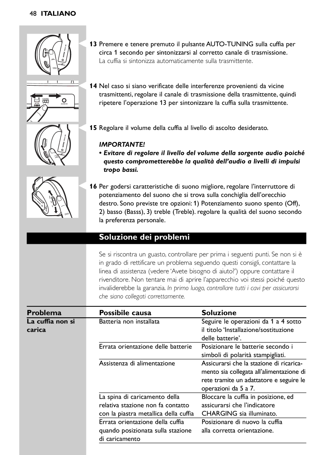 Philips SHC8565/00 manual Soluzione dei problemi, Problema Possibile causa Soluzione, La cuffia non si, Carica 