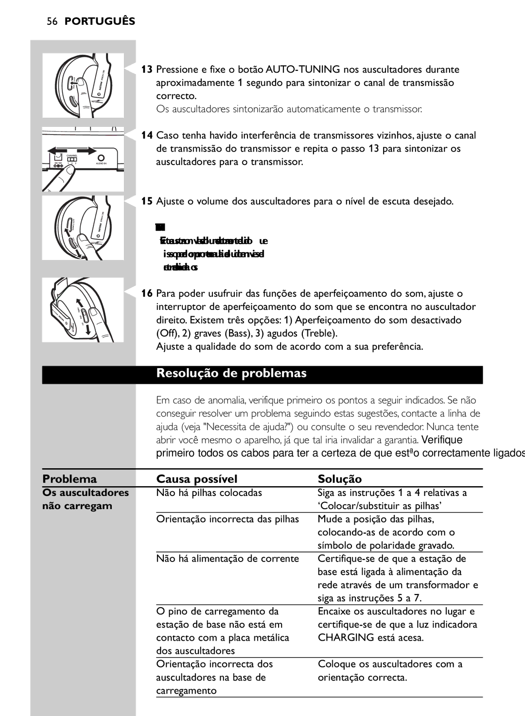 Philips SHC8565/00 manual Resolução de problemas, Problema Causa possível Solução, Os auscultadores, Não carregam 