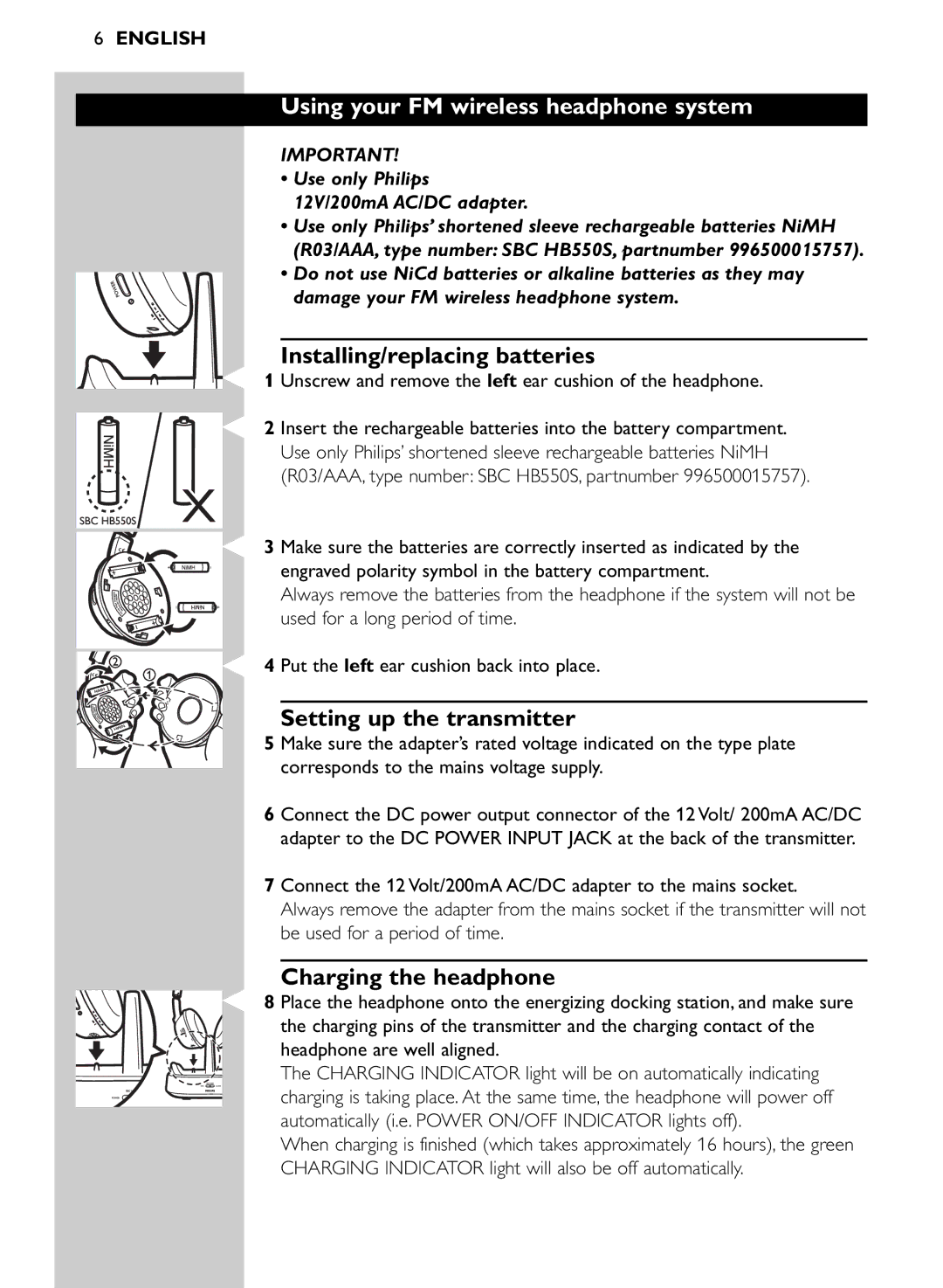 Philips SHC8565/00 Using your FM wireless headphone system, Installing/replacing batteries, Setting up the transmitter 