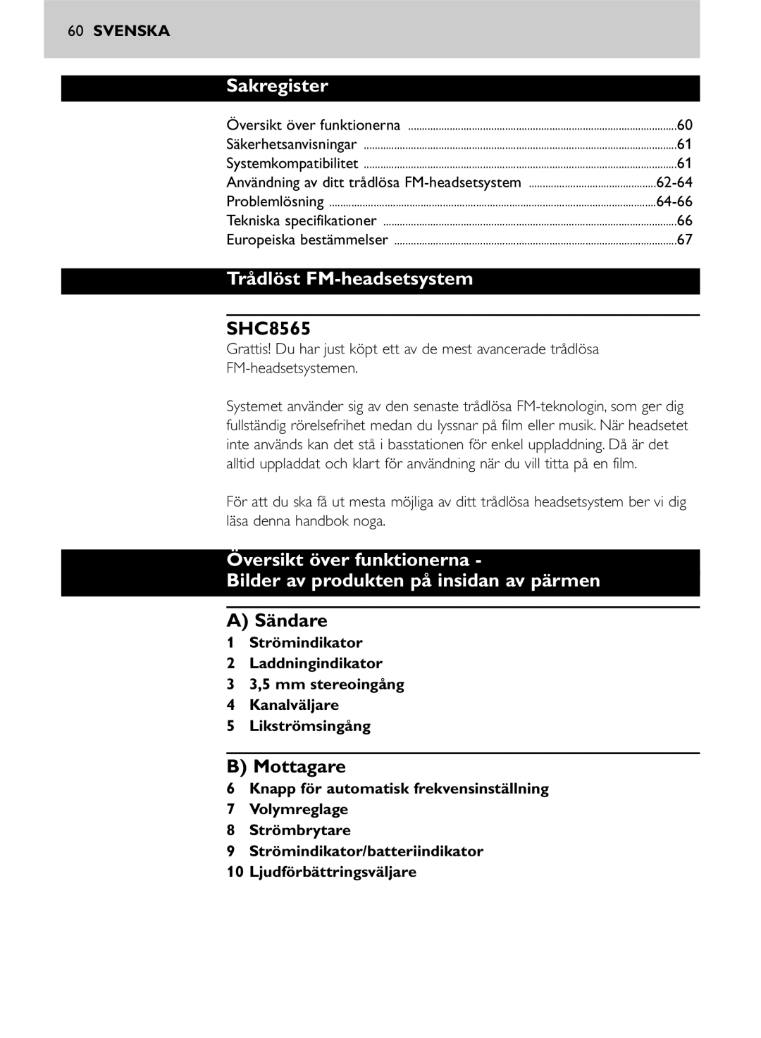 Philips SHC8565/00 manual Sakregister, Trådlöst FM-headsetsystem, Sändare, Mottagare 