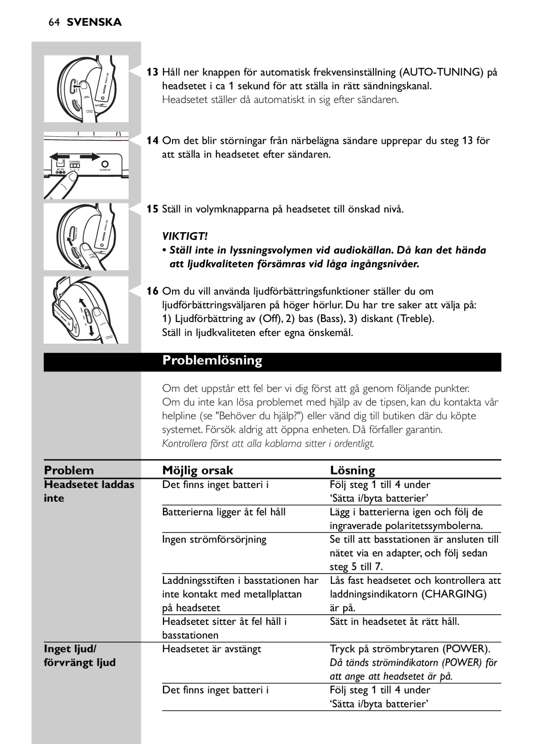 Philips SHC8565/00 manual Problemlösning, Problem Möjlig orsak Lösning 