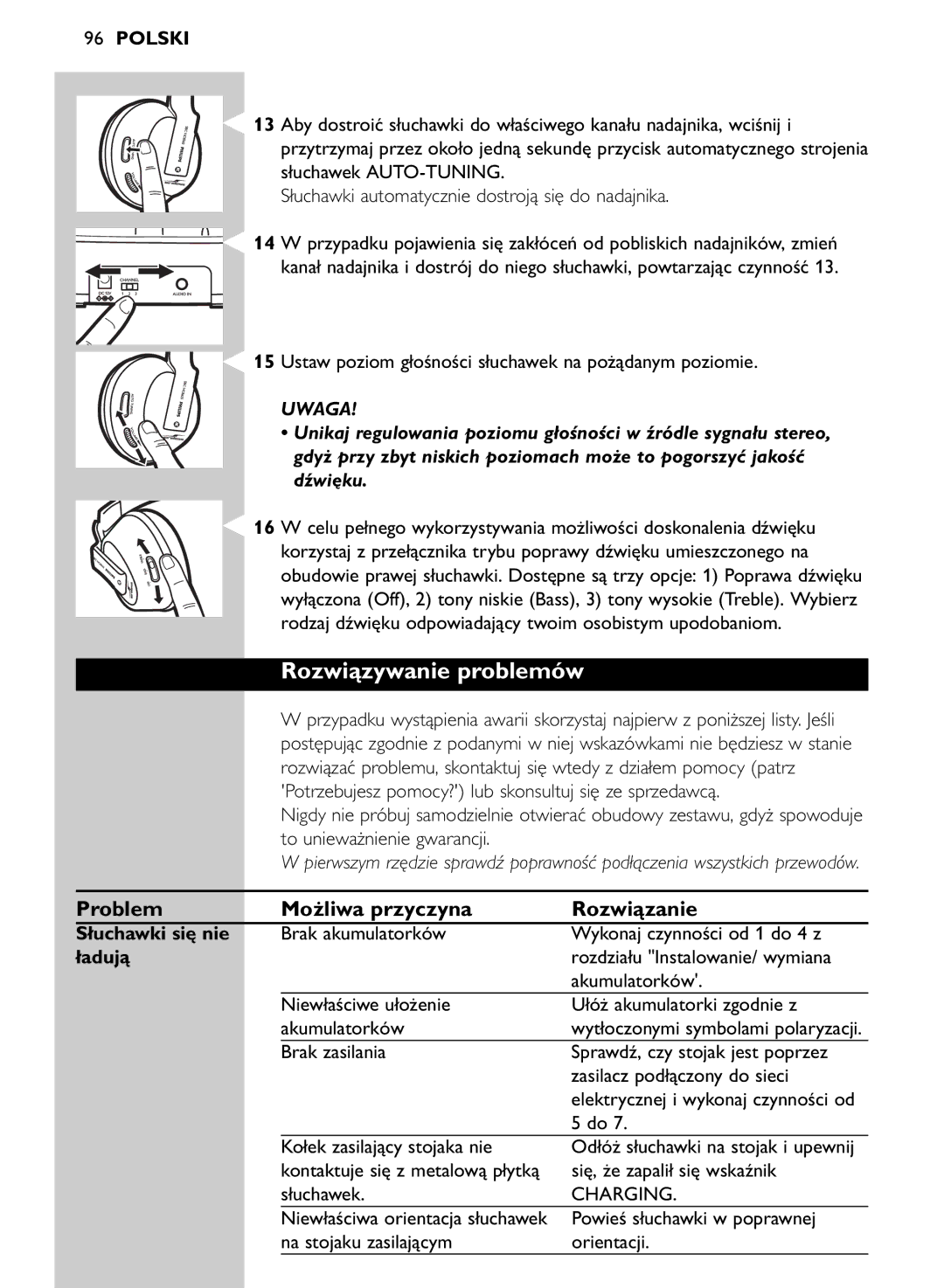 Philips SHC8565/00 manual Rozwiązywanie problemów, Problem Możliwa przyczyna Rozwiązanie, Słuchawki się nie, Ładują 