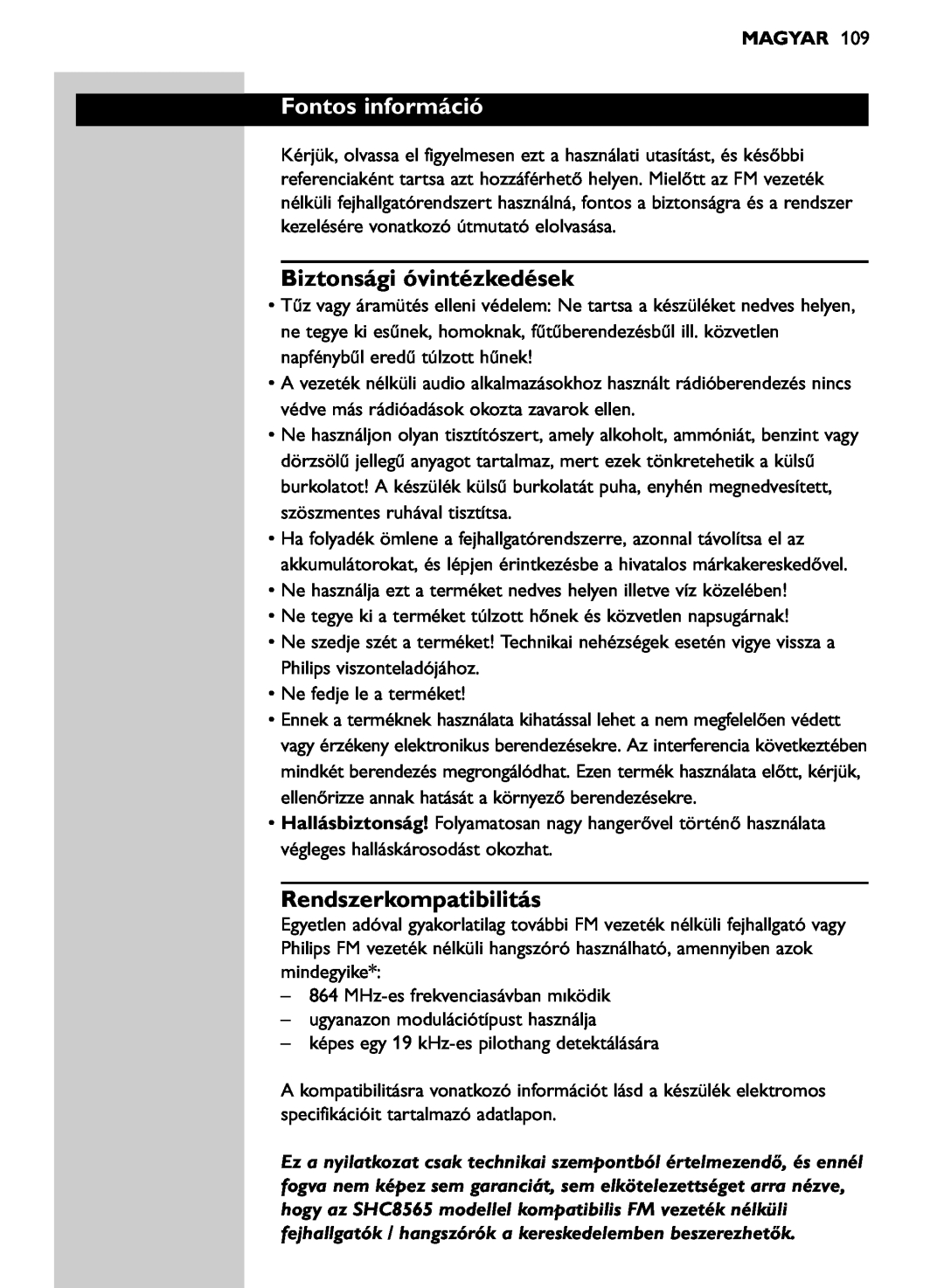 Philips SHC8565/00 manual Fontos információ, Biztonsági óvintézkedések, Rendszerkompatibilitás, Magyar 