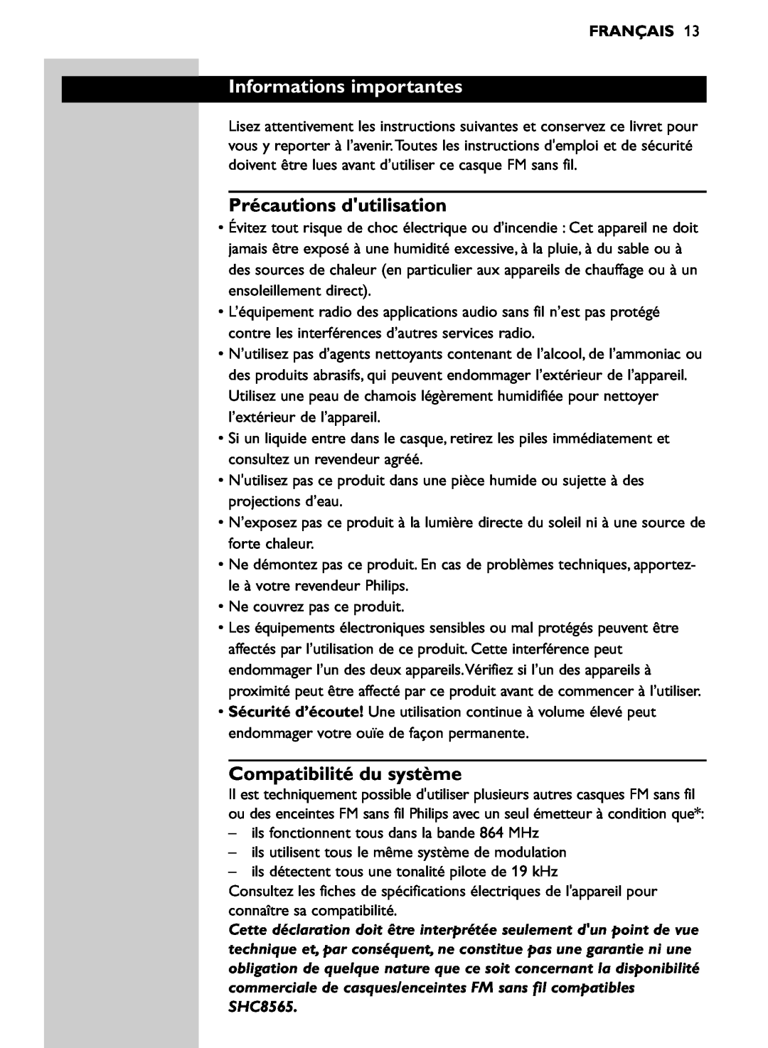 Philips SHC8565/00 manual Informations importantes, Précautions dutilisation, Compatibilité du système, Français 