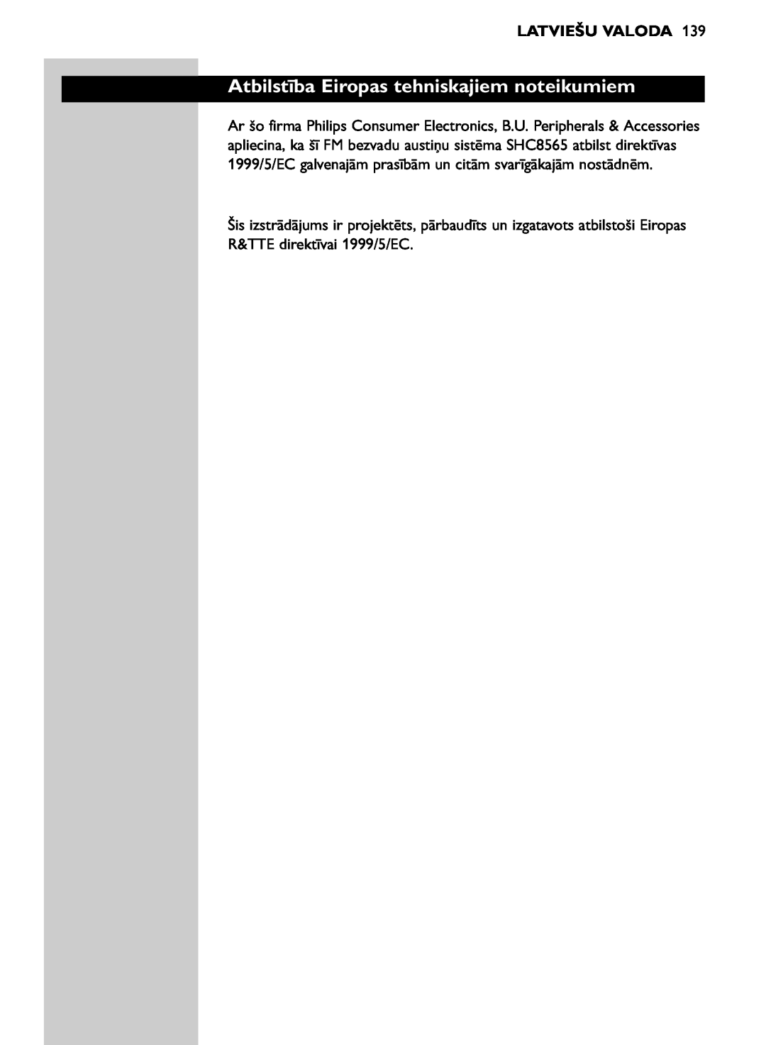 Philips SHC8565/00 manual Atbilstība Eiropas tehniskajiem noteikumiem, Latviešu Valoda 