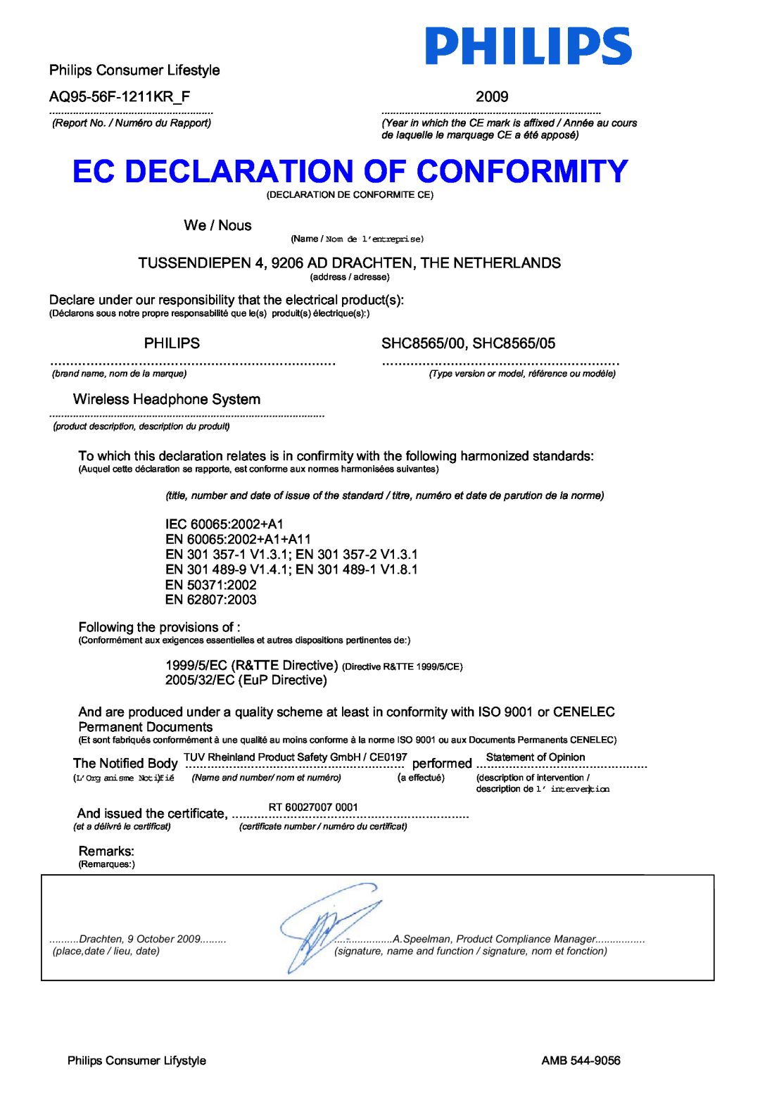 Philips SHC8565/00 manual Ec Declaration Of Conformity, Philips Consumer Lifestyle, AQ95-56F-1211KR_F, 2009, We / Nous 