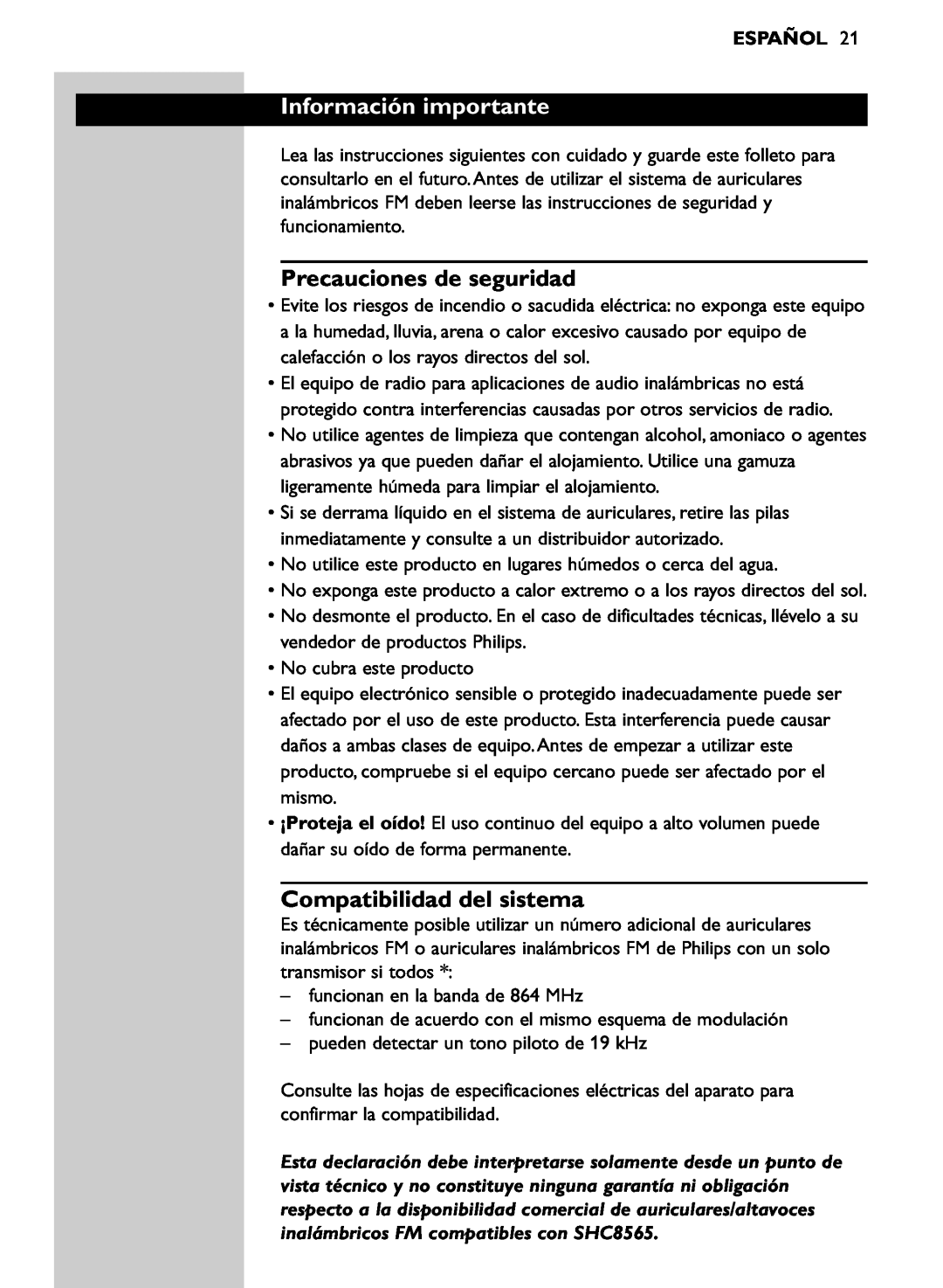 Philips SHC8565/00 manual Información importante, Precauciones de seguridad, Compatibilidad del sistema, Español 