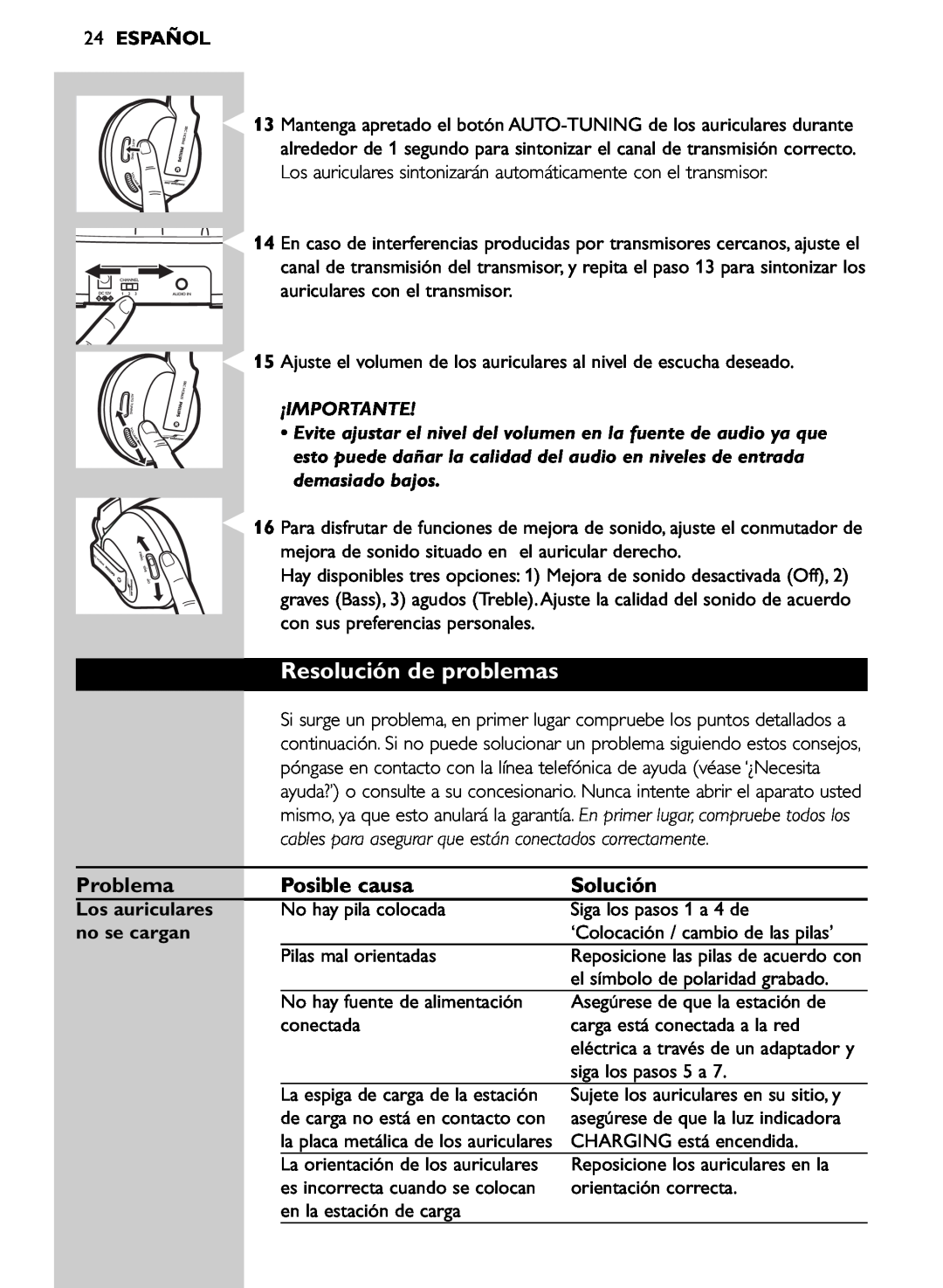 Philips SHC8565/00 manual Resolución de problemas, Español, ¡Importante, Los auriculares, no se cargan 