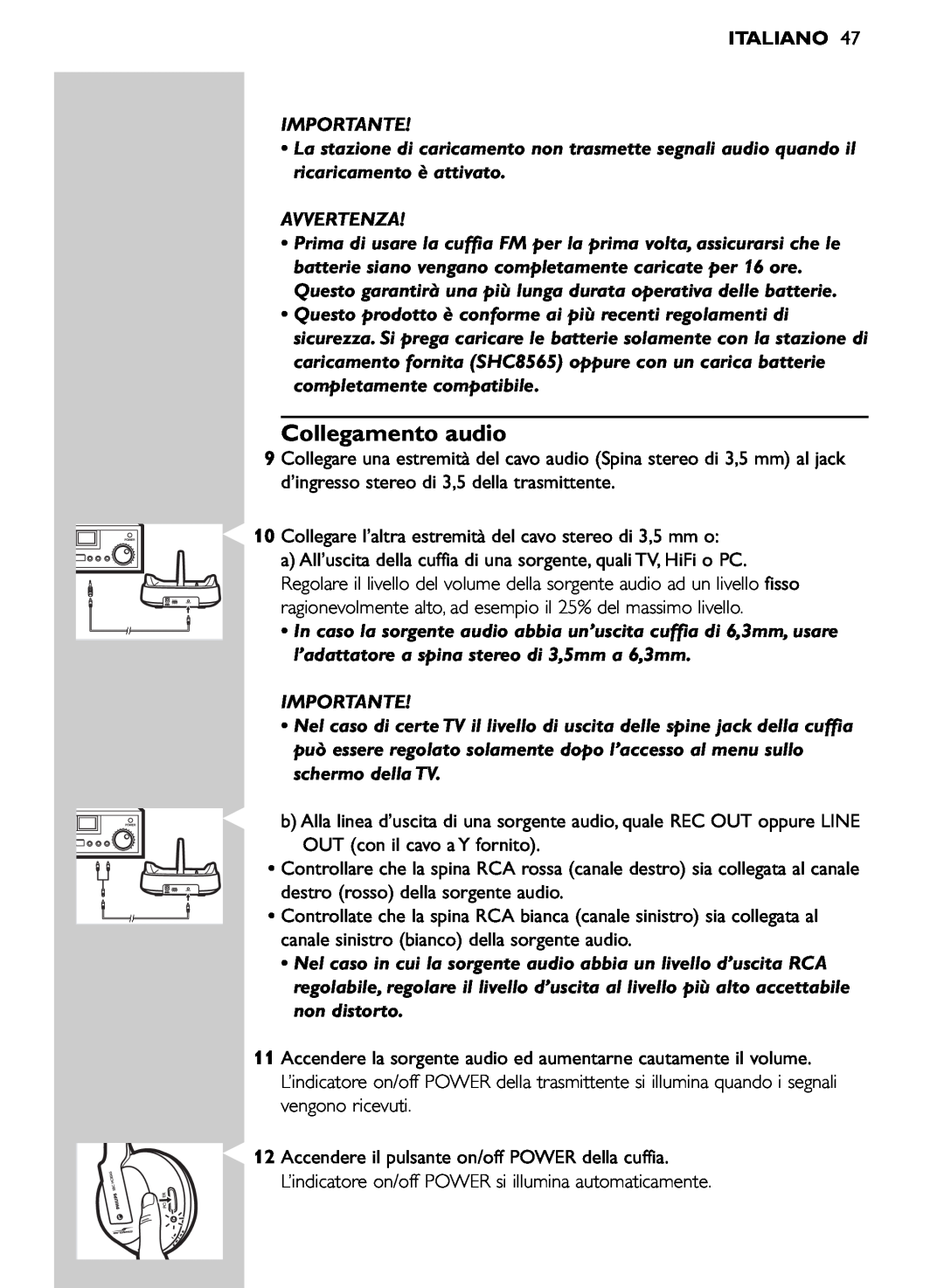 Philips SHC8565/00 manual Collegamento audio, Italiano, Importante, Avvertenza 