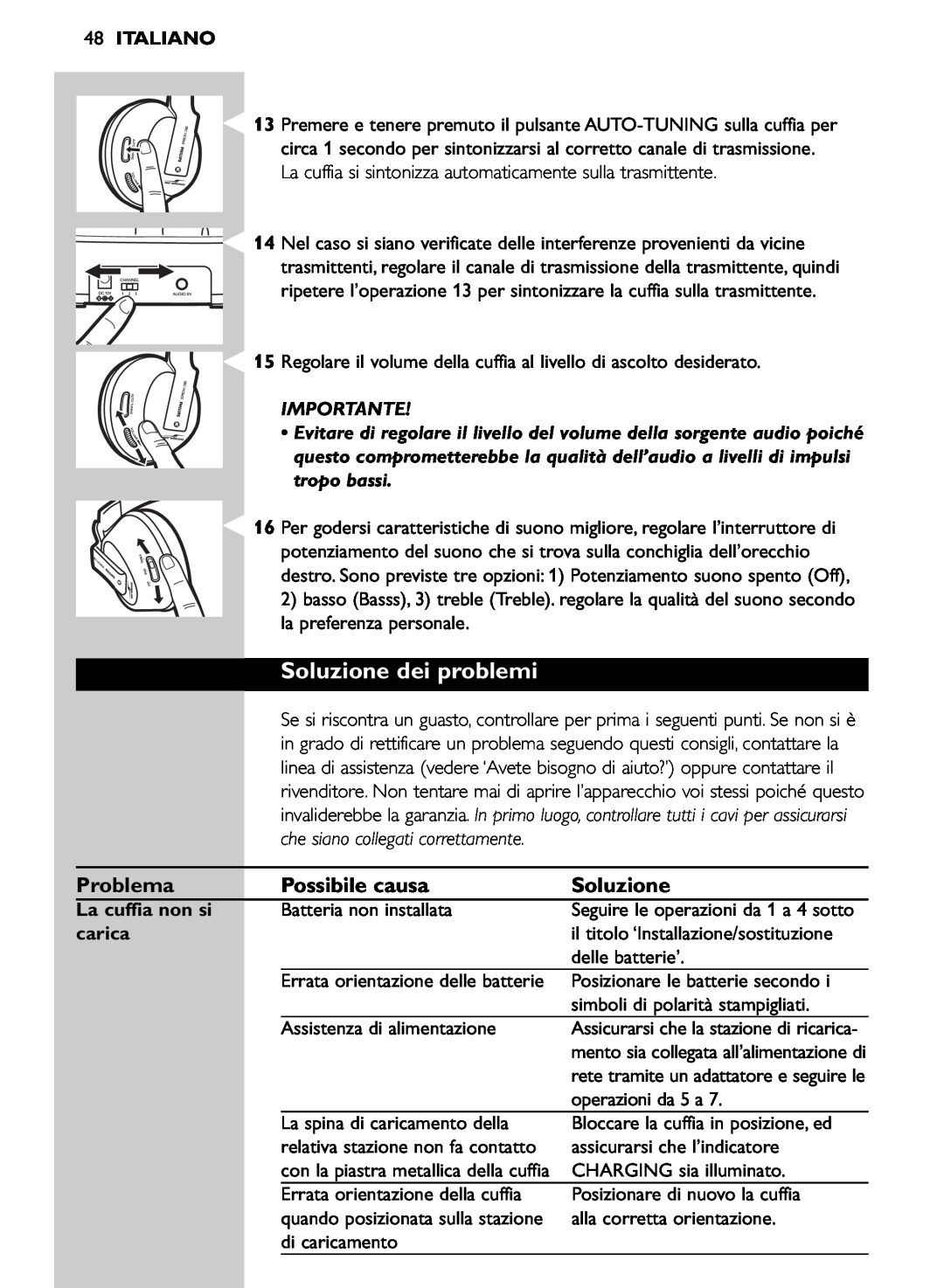 Philips SHC8565/00 manual Soluzione dei problemi, 48ITALIANO, Importante, La cuffia non si, carica 