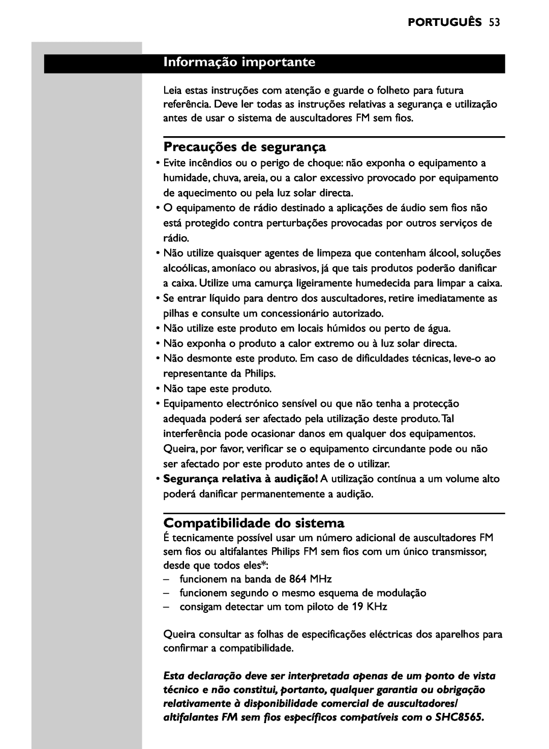 Philips SHC8565/00 manual Informação importante, Precauções de segurança, Compatibilidade do sistema, Português 