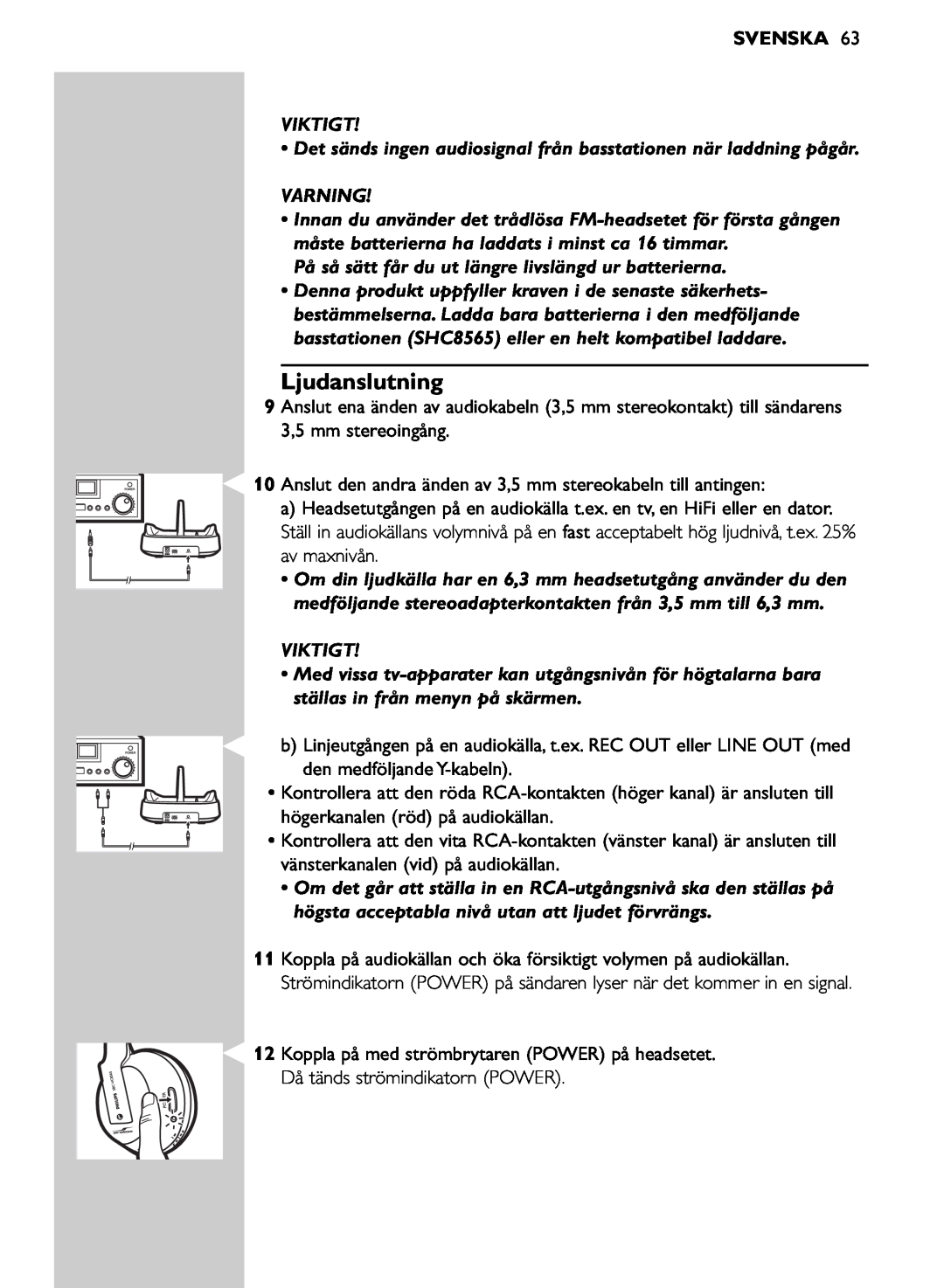 Philips SHC8565/00 manual Ljudanslutning, Svenska, Viktigt, Varning 