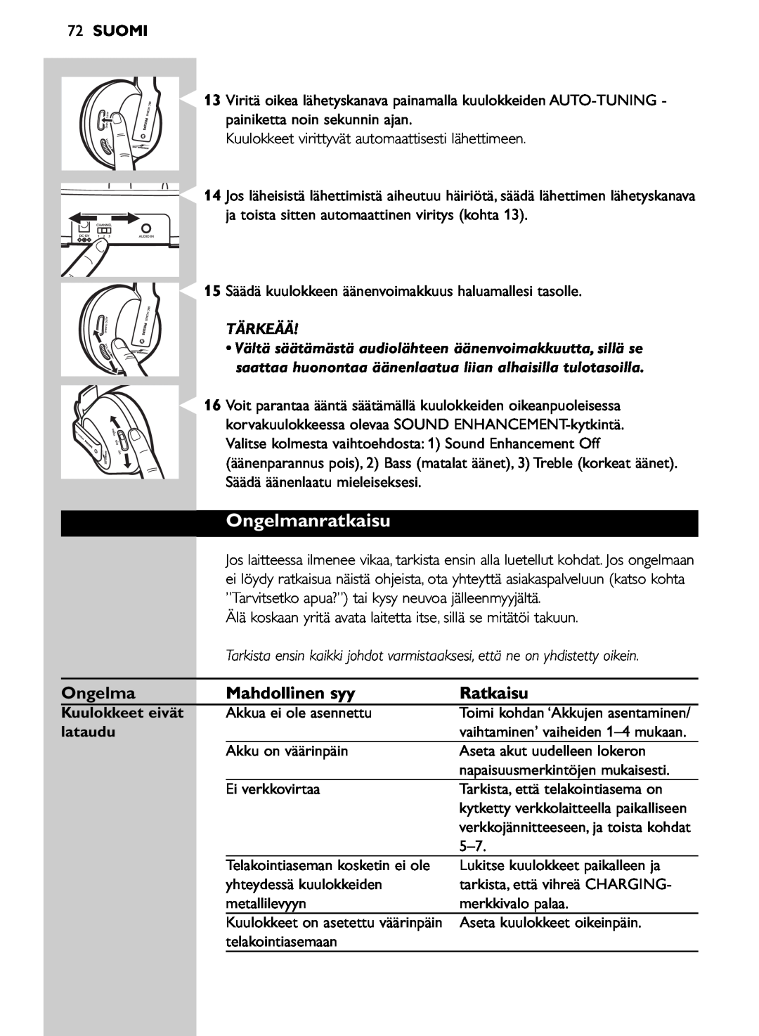 Philips SHC8565/00 manual Ongelmanratkaisu, 72SUOMI, Tärkeää, Kuulokkeet eivät, lataudu 