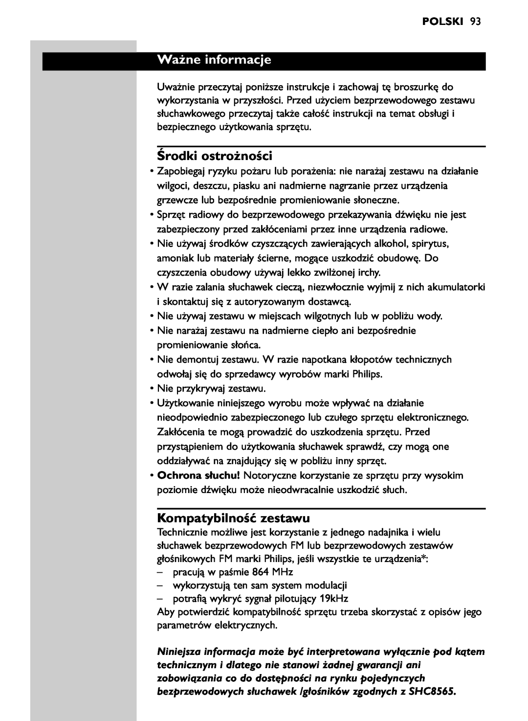 Philips SHC8565/00 manual Ważne informacje, Środki ostrożności, Kompatybilność zestawu, Polski 