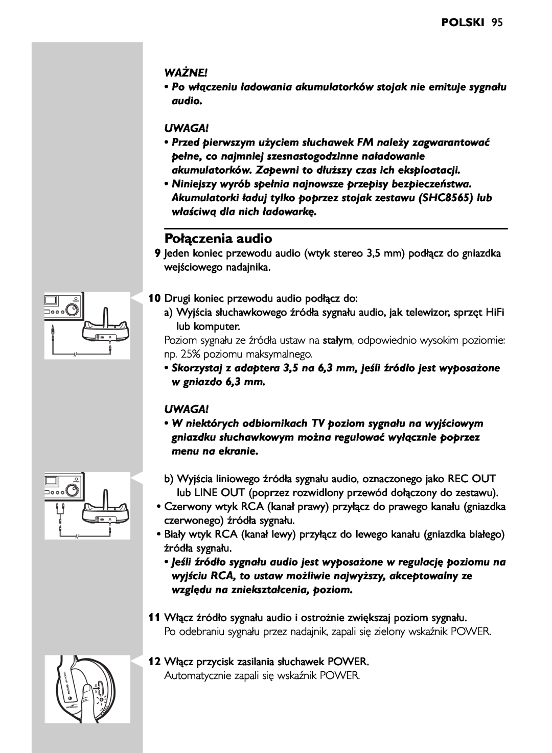 Philips SHC8565/00 manual Połączenia audio, Polski, Ważne, Uwaga 