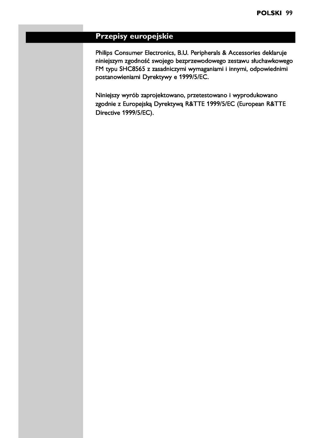 Philips SHC8565/00 manual Przepisy europejskie, Polski 